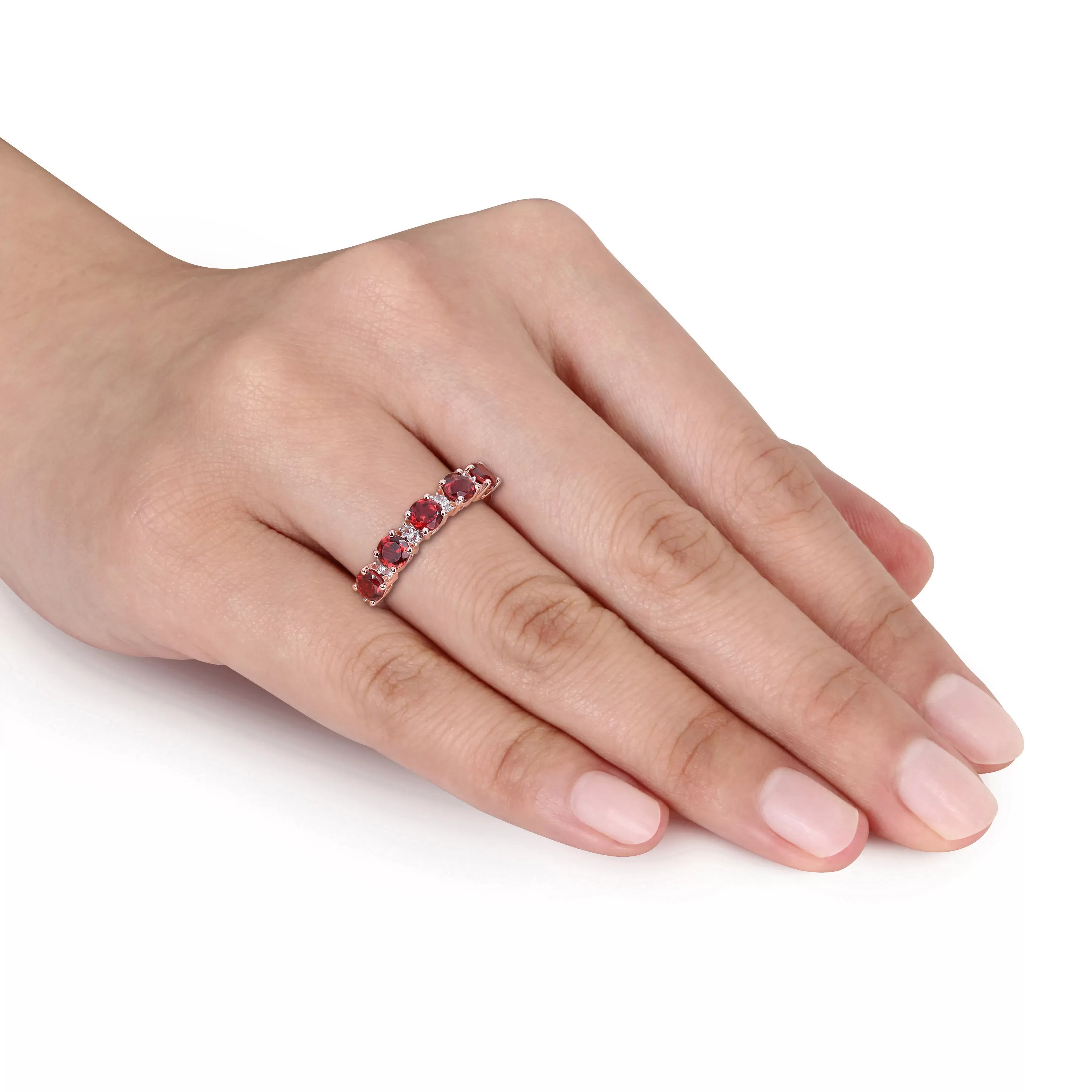 1 3/5 CT TGW Garnet and White Topaz Semi Eternity Ring in Rose Plated Sterling Silver