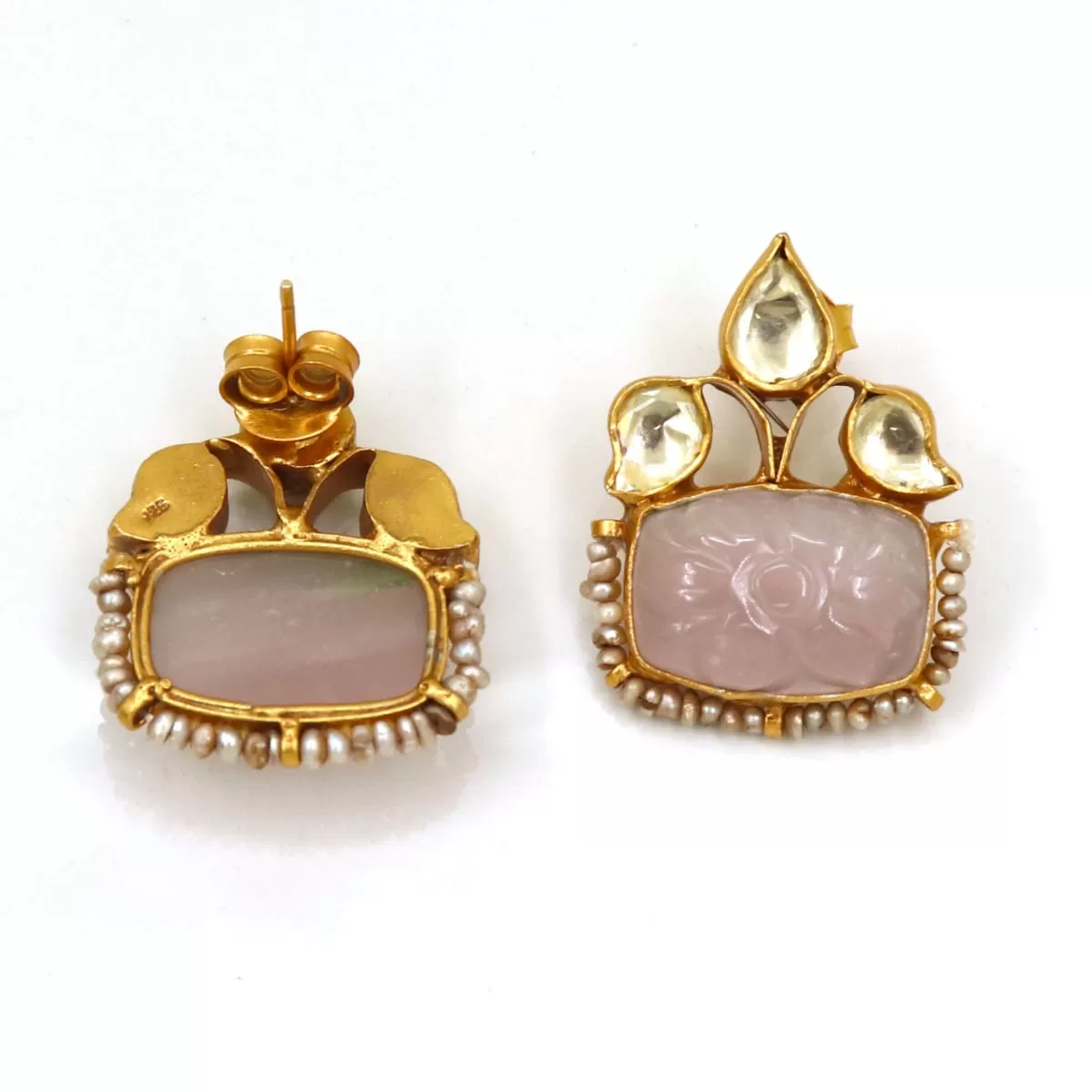 18k gold plated rose quartz earring,925 silver party wear earring