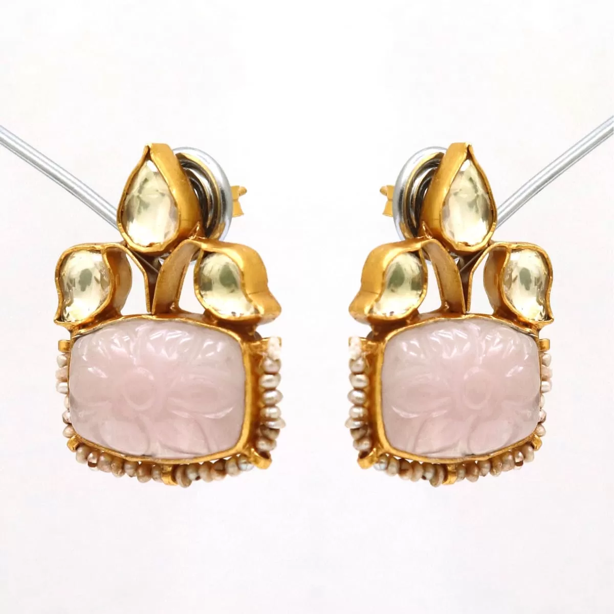 18k gold plated rose quartz earring,925 silver party wear earring