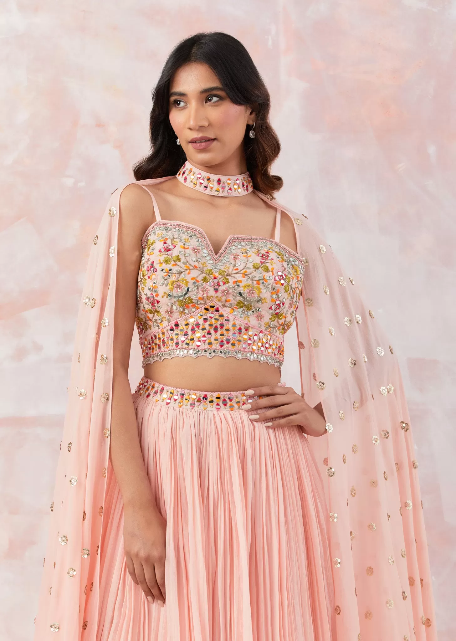 30Z310-NRO Peach Georgette Lehenga Set With Embroidery