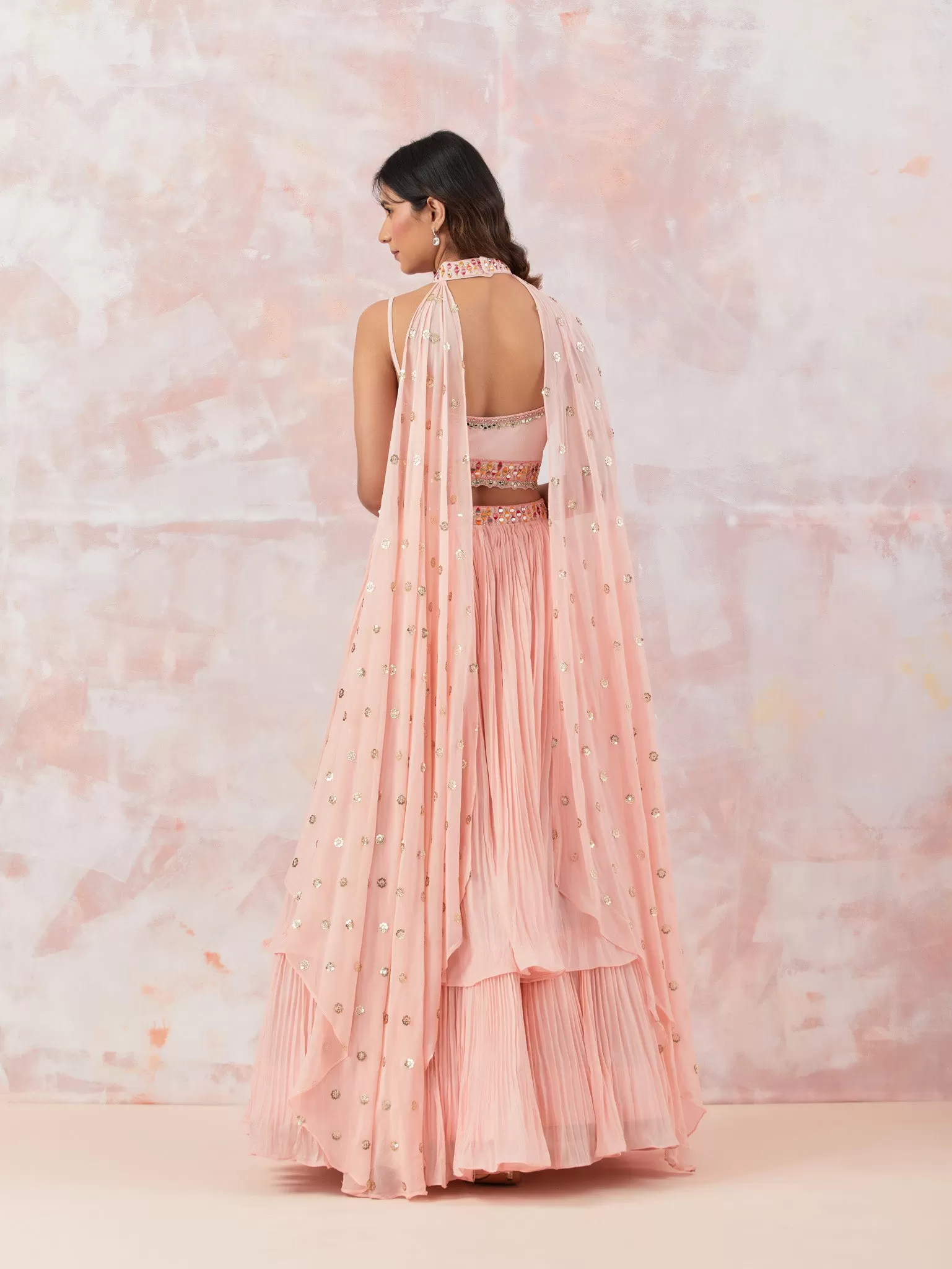 30Z310-NRO Peach Georgette Lehenga Set With Embroidery