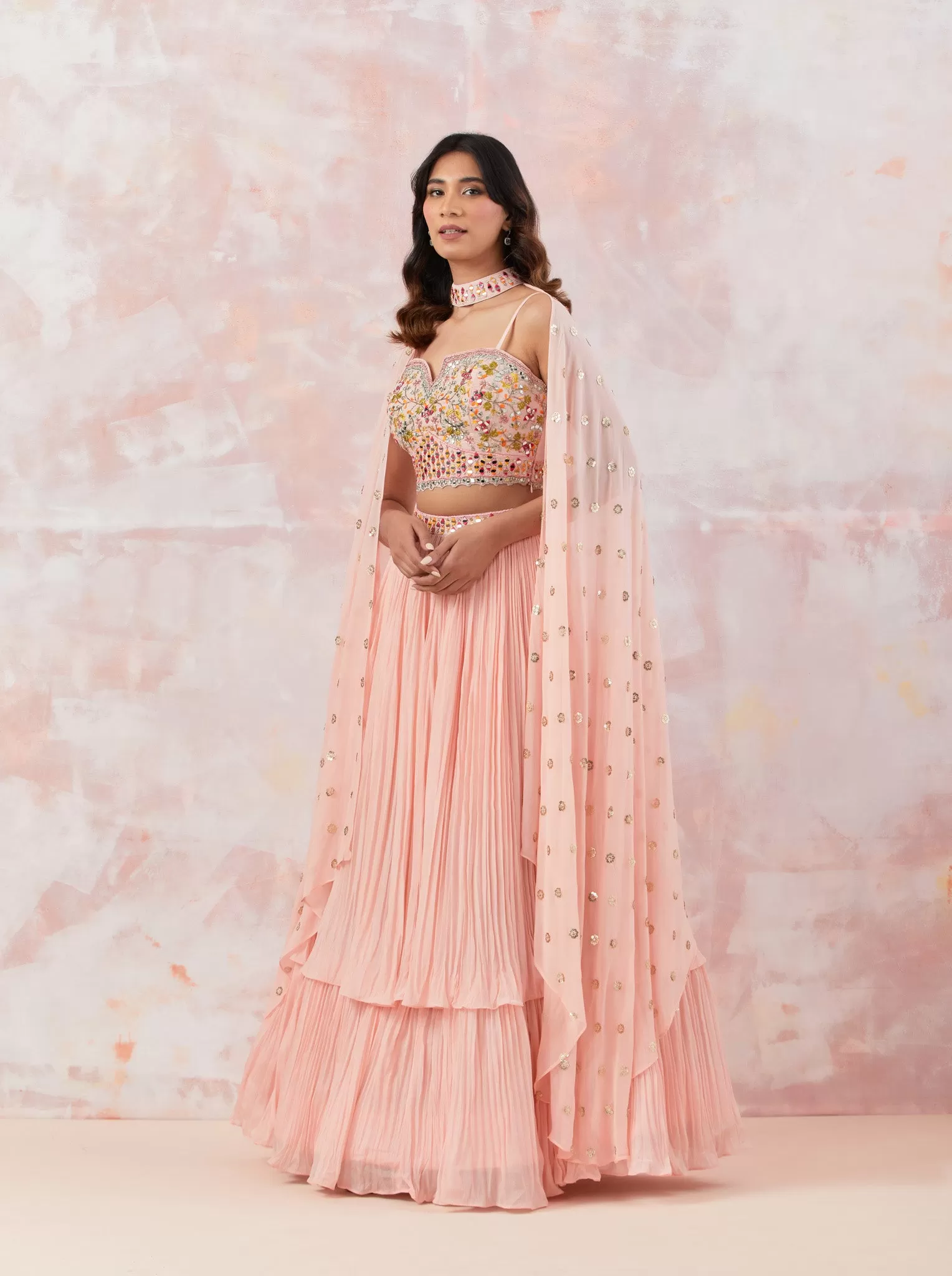 30Z310-NRO Peach Georgette Lehenga Set With Embroidery