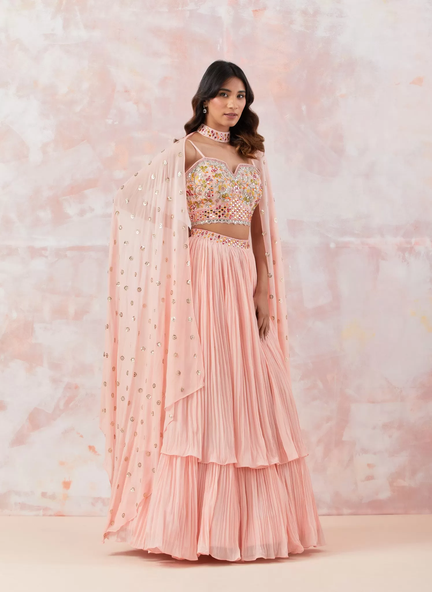 30Z310-NRO Peach Georgette Lehenga Set With Embroidery