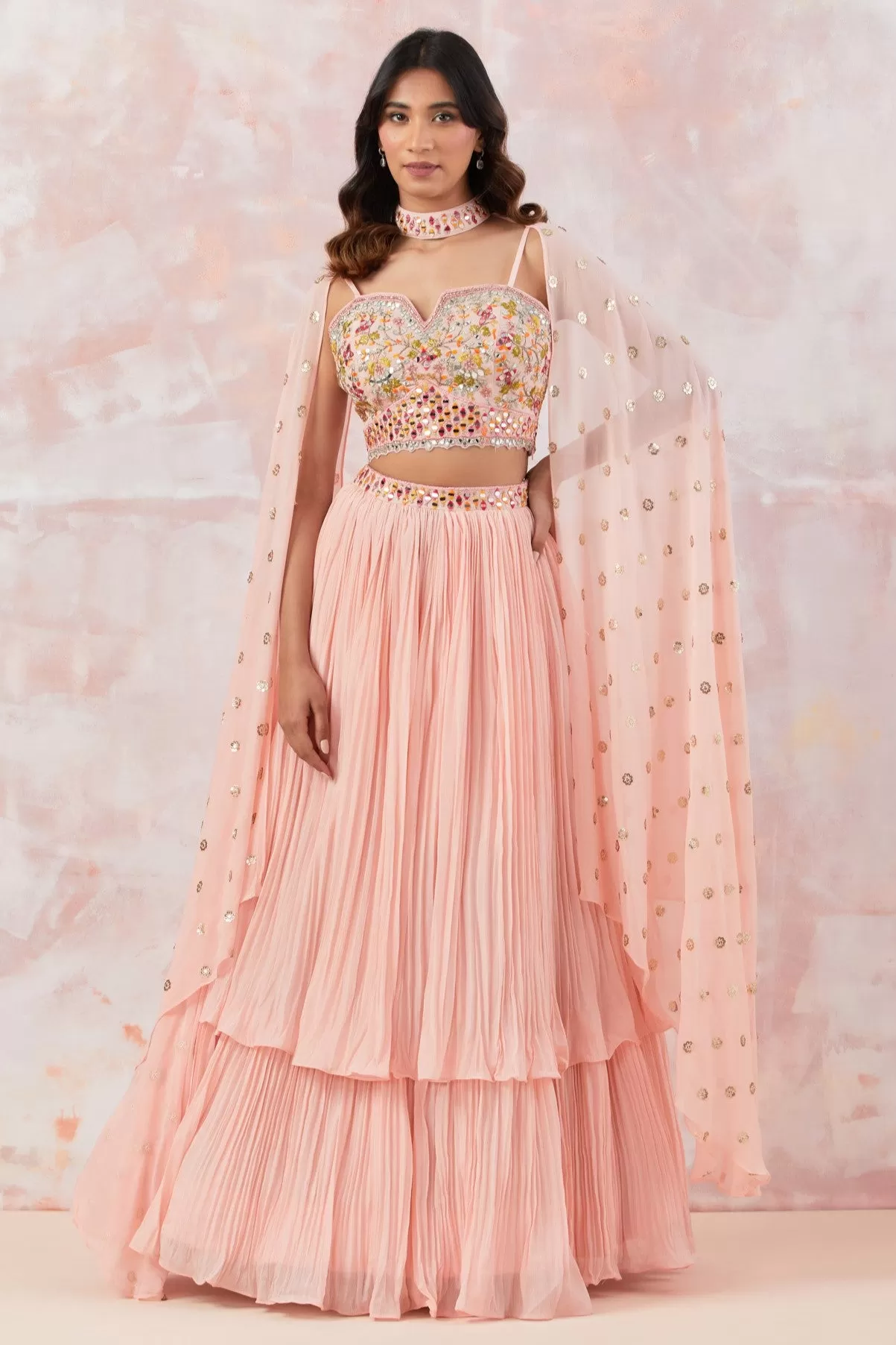 30Z310-NRO Peach Georgette Lehenga Set With Embroidery