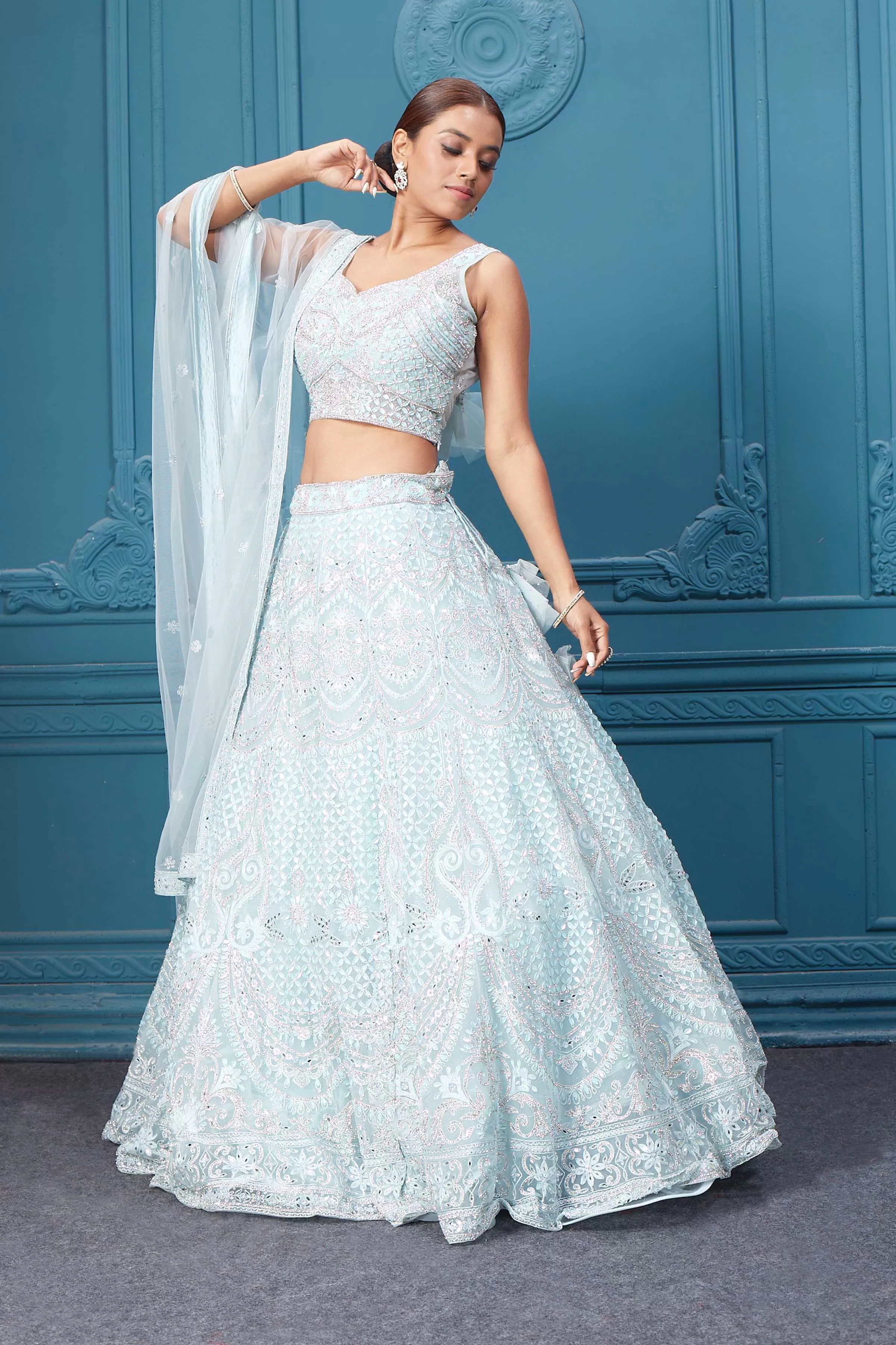 310046 Light blue Silver Embroidered Lehnega