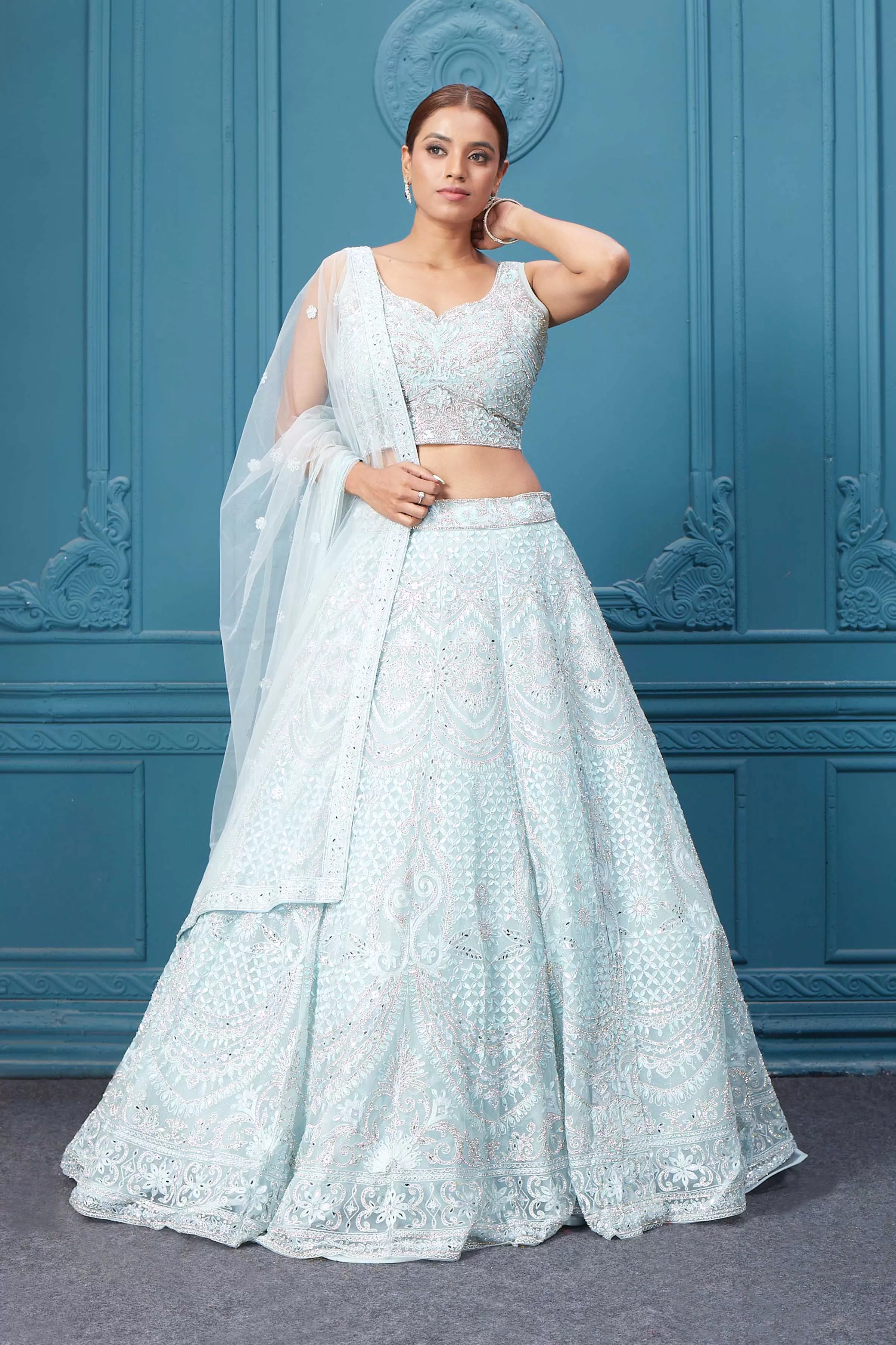 310046 Light blue Silver Embroidered Lehnega