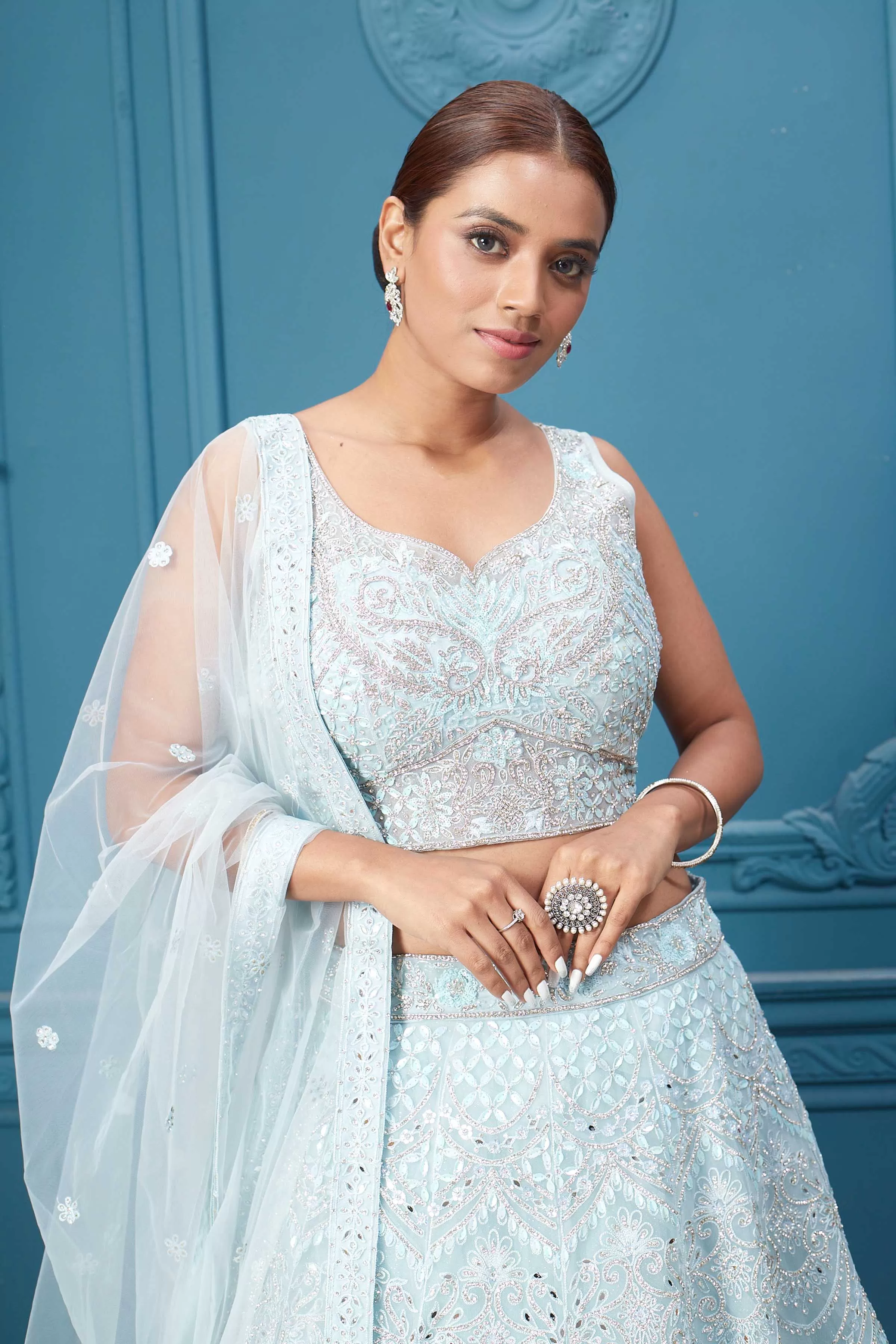 310046 Light blue Silver Embroidered Lehnega