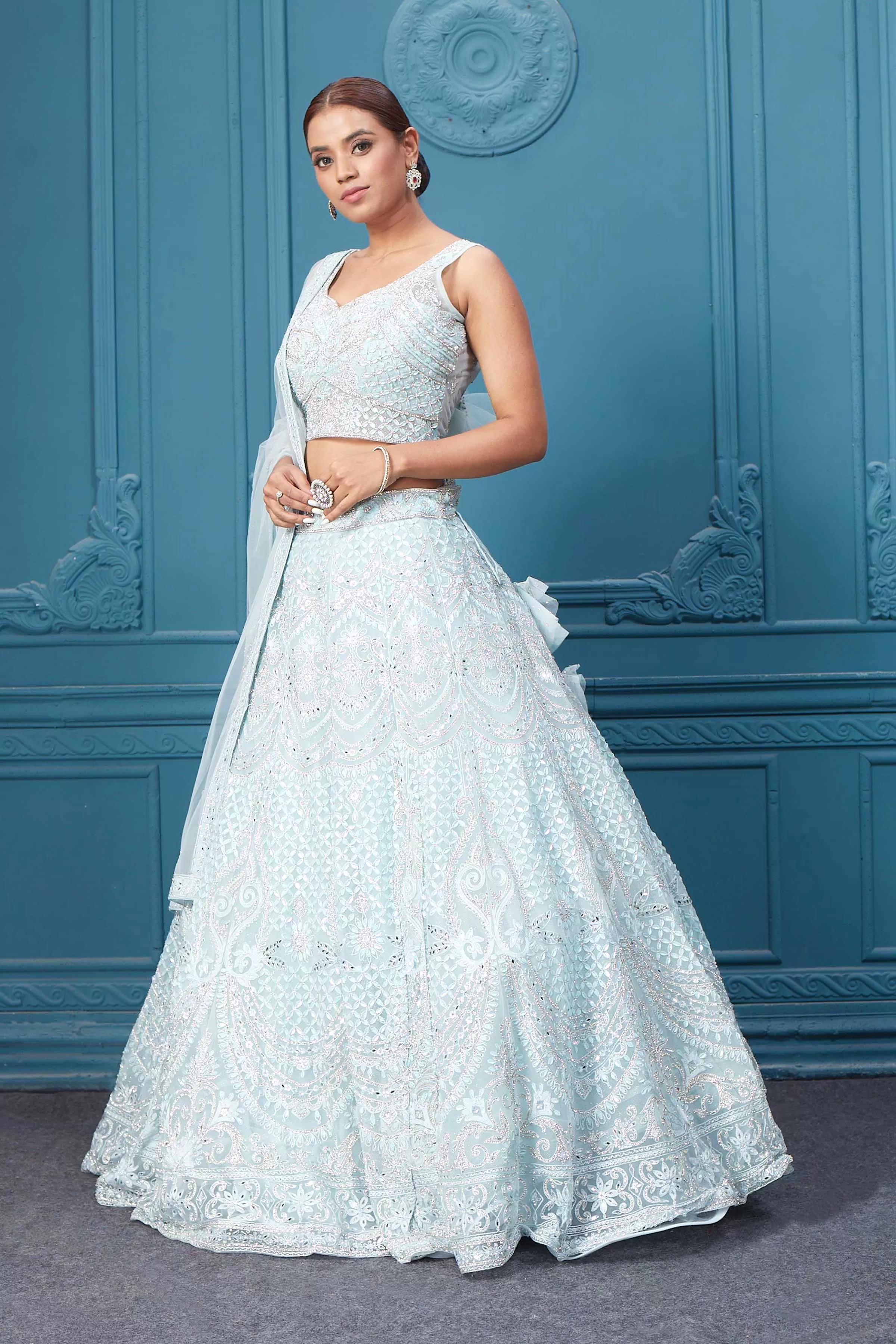 310046 Light blue Silver Embroidered Lehnega