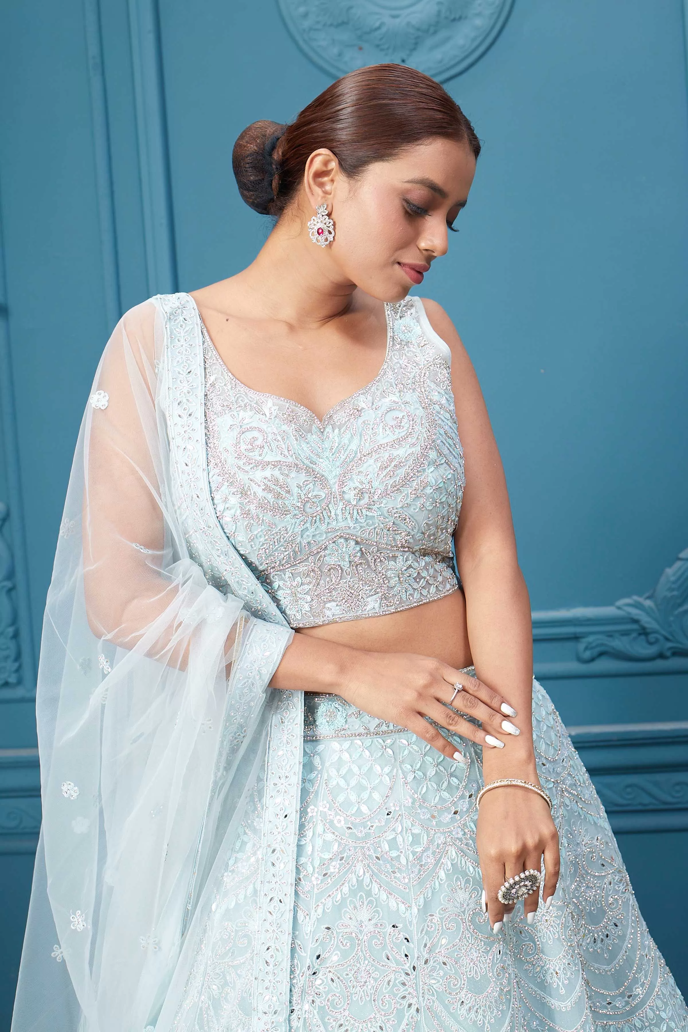 310046 Light blue Silver Embroidered Lehnega