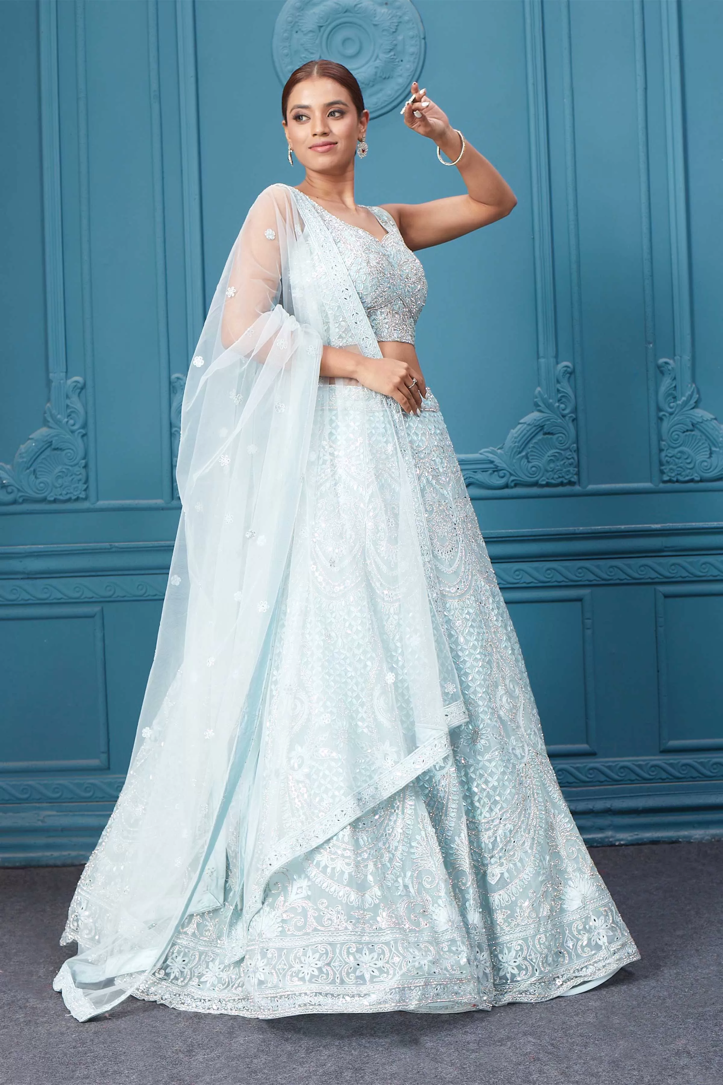 310046 Light blue Silver Embroidered Lehnega