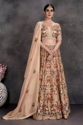 503017 Beige Printed and Embroidered Lehenga with Dupatta