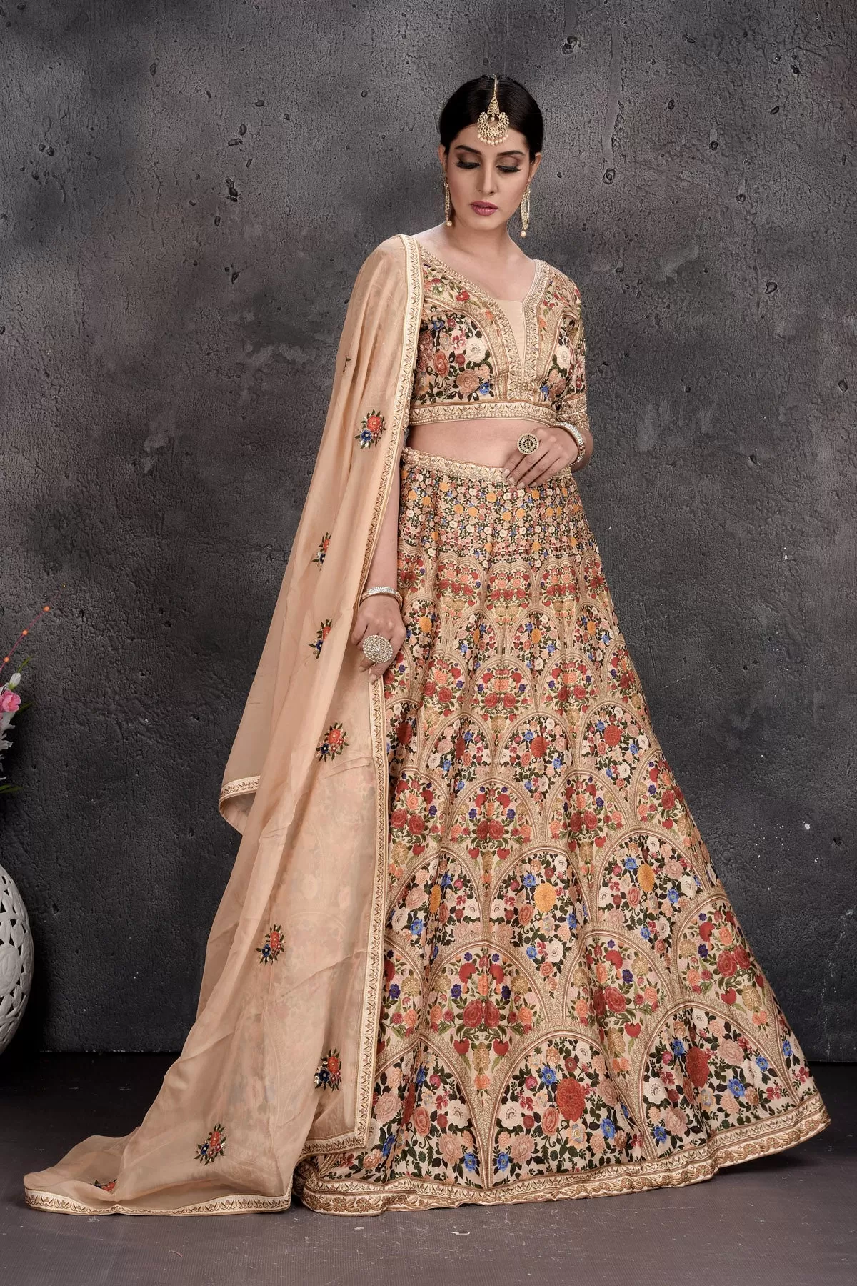 503017 Beige Printed and Embroidered Lehenga with Dupatta