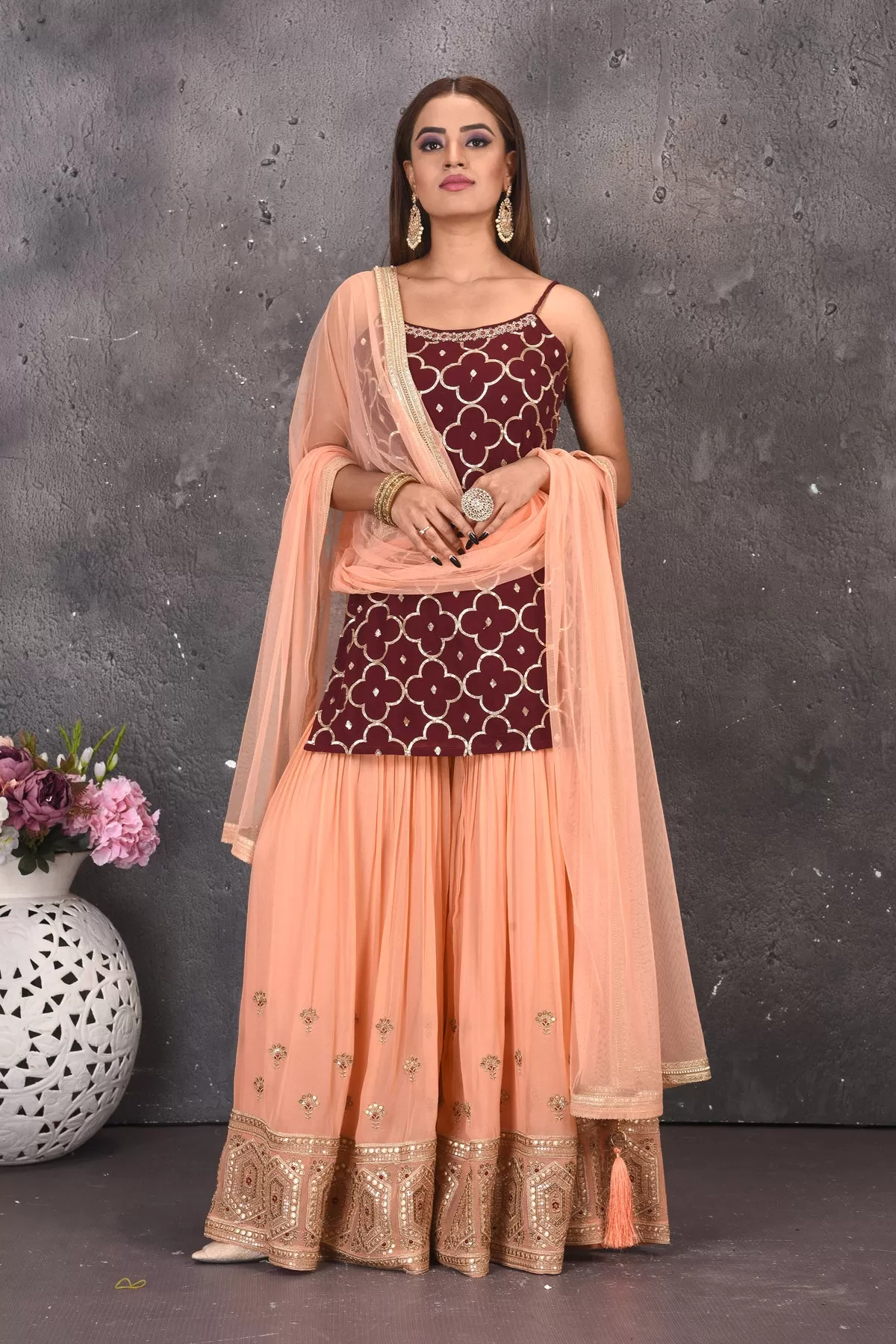 503113 Maroon and Peach Designer Sharara Suit with Dupatta