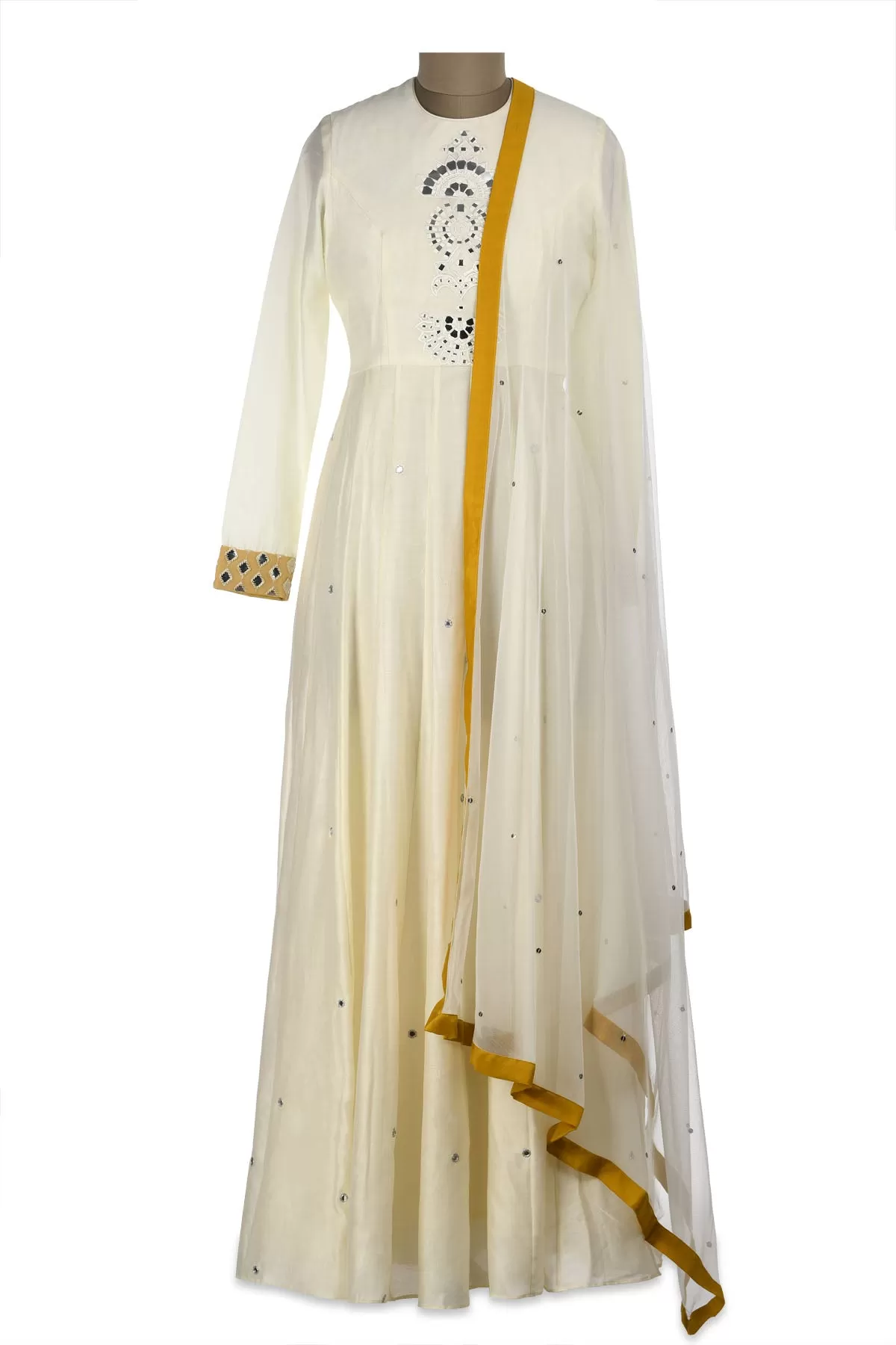 50Z174-RO Ivory Mirror Embroidery Chanderi Anarkali with Dupatta