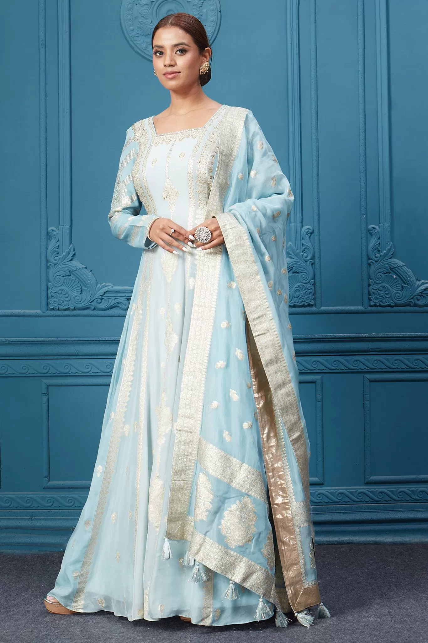 510037 Light Blue Embroidered Anarkali Suit