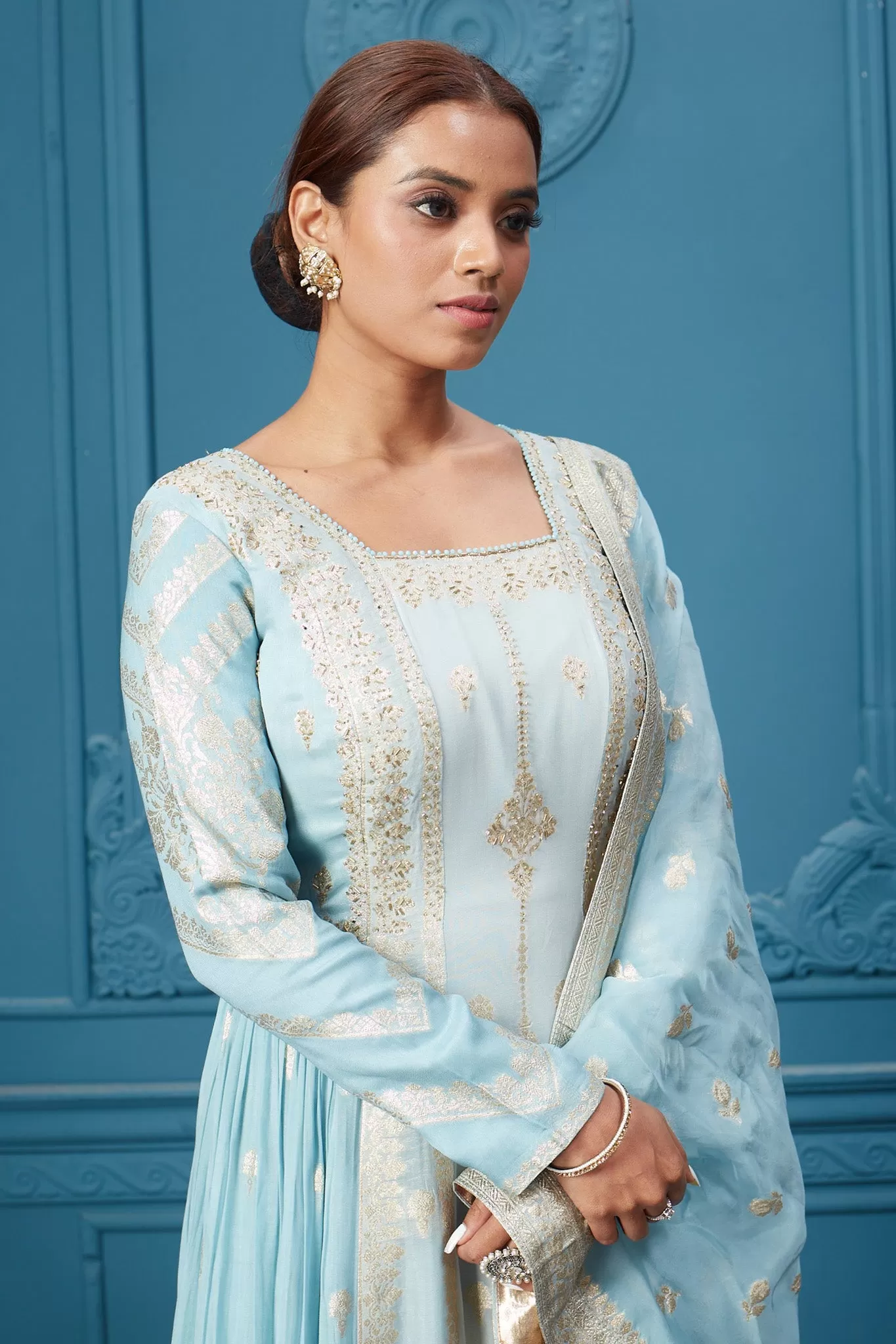 510037 Light Blue Embroidered Anarkali Suit