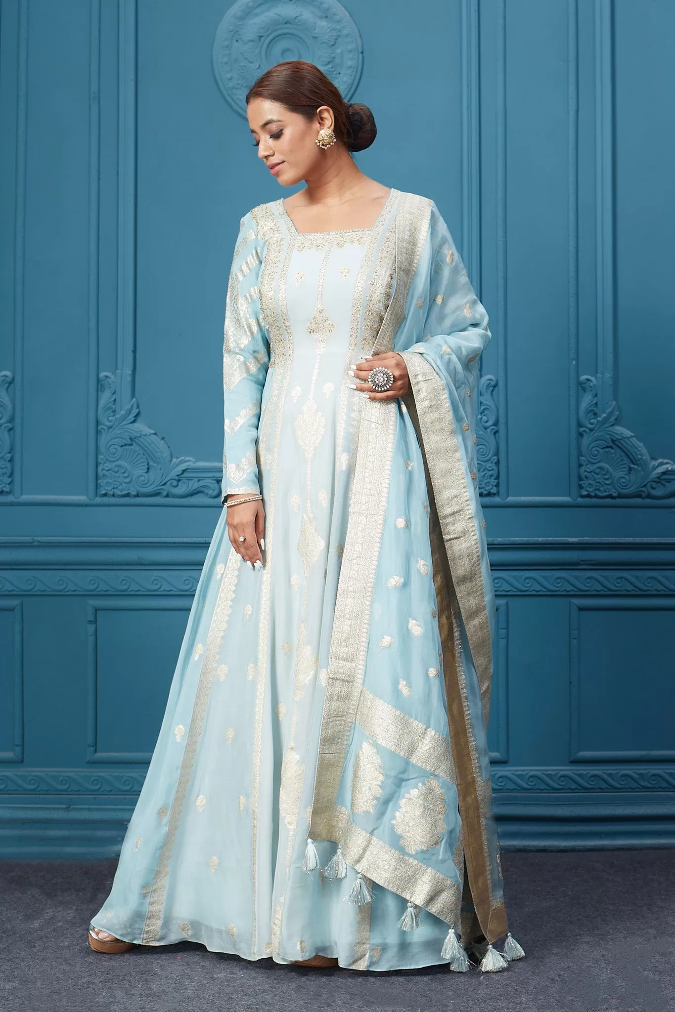 510037 Light Blue Embroidered Anarkali Suit