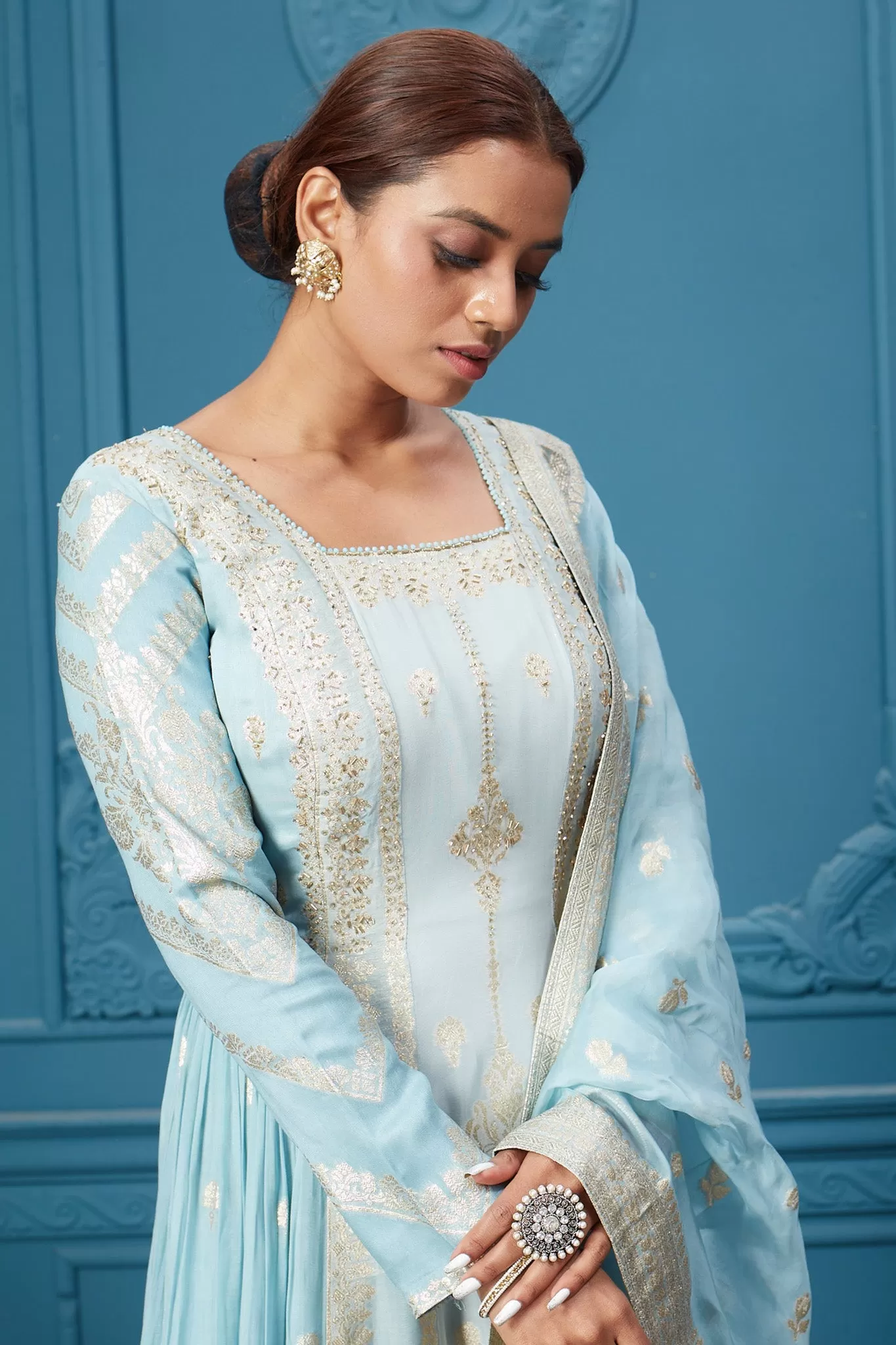 510037 Light Blue Embroidered Anarkali Suit