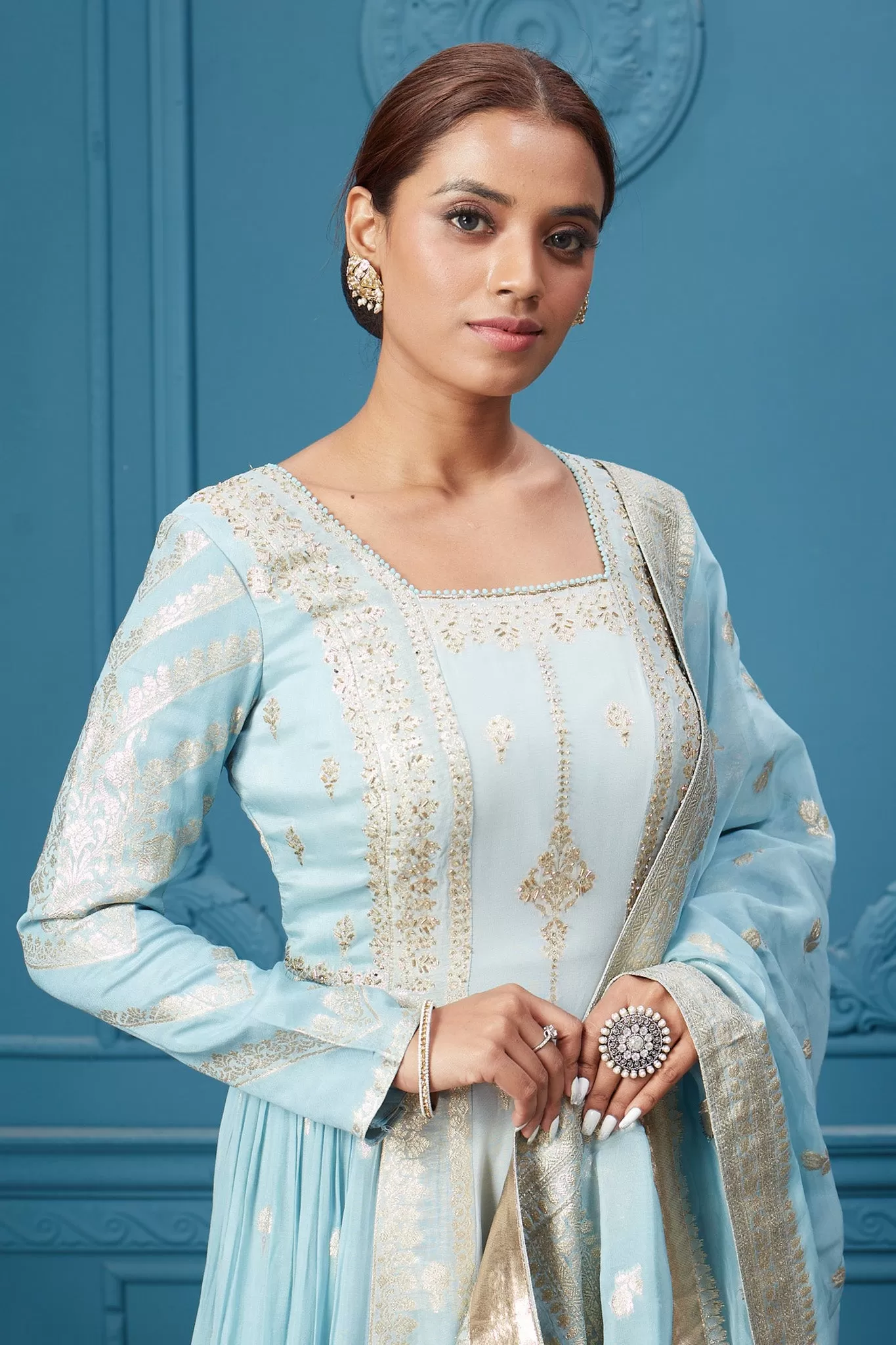 510037 Light Blue Embroidered Anarkali Suit