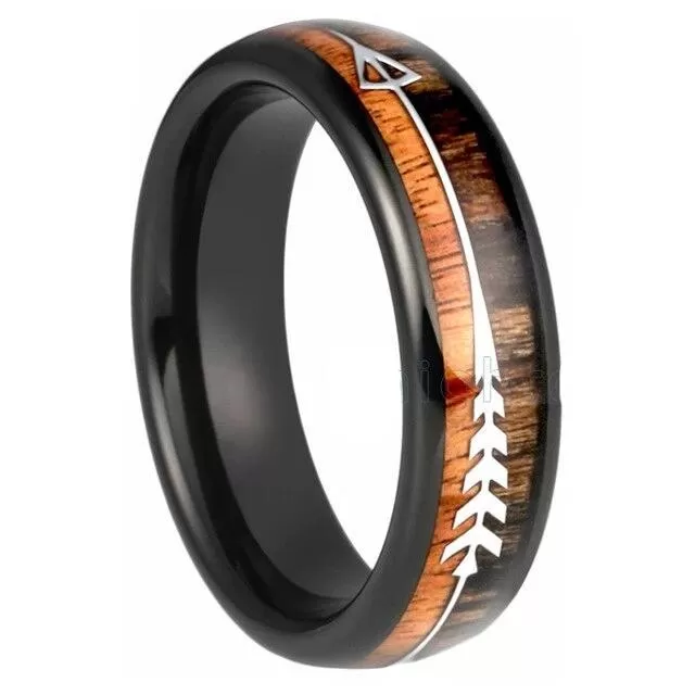 6mm Silver Tungsten Carbide in Two-Tone Koa Wood with Silver Arrow Wedding Band