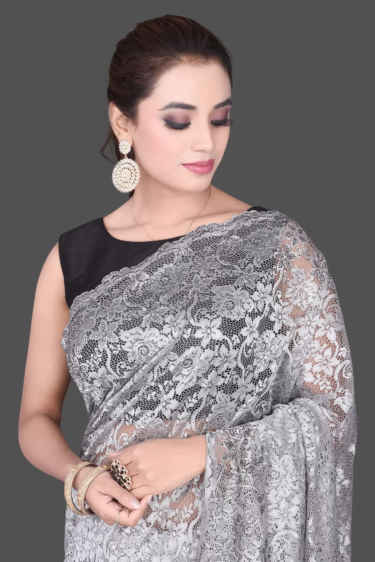 90K213 Light Grey Stone Work Designer Lace Saree