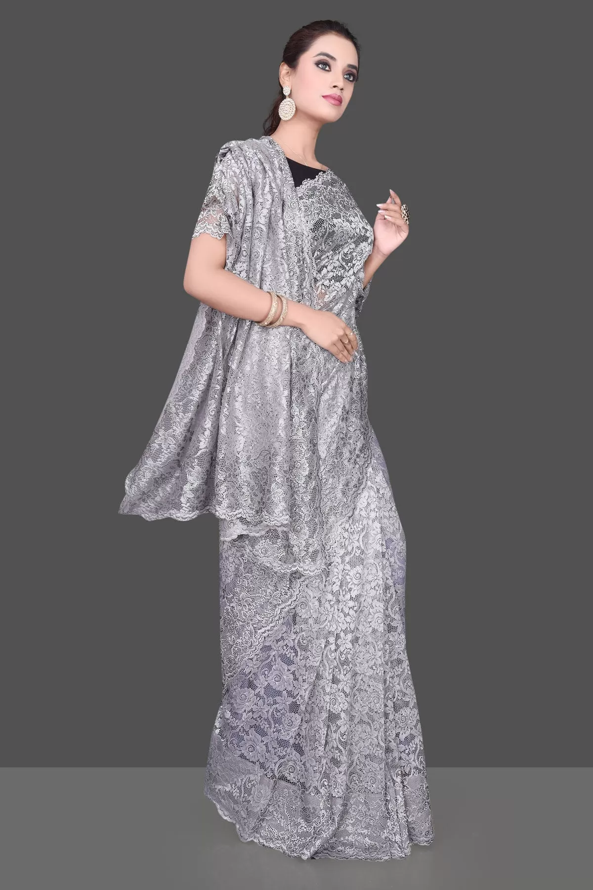 90K213 Light Grey Stone Work Designer Lace Saree