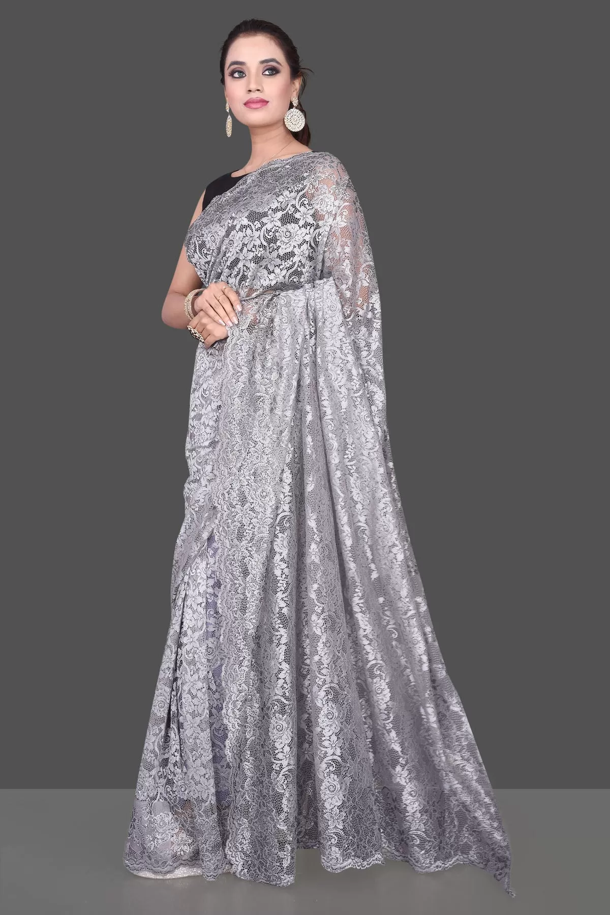 90K213 Light Grey Stone Work Designer Lace Saree