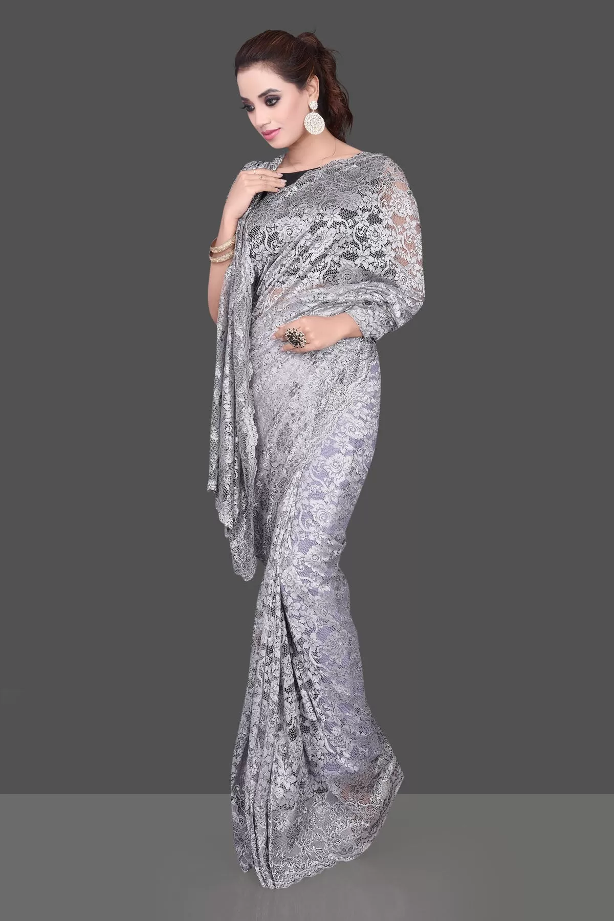 90K213 Light Grey Stone Work Designer Lace Saree