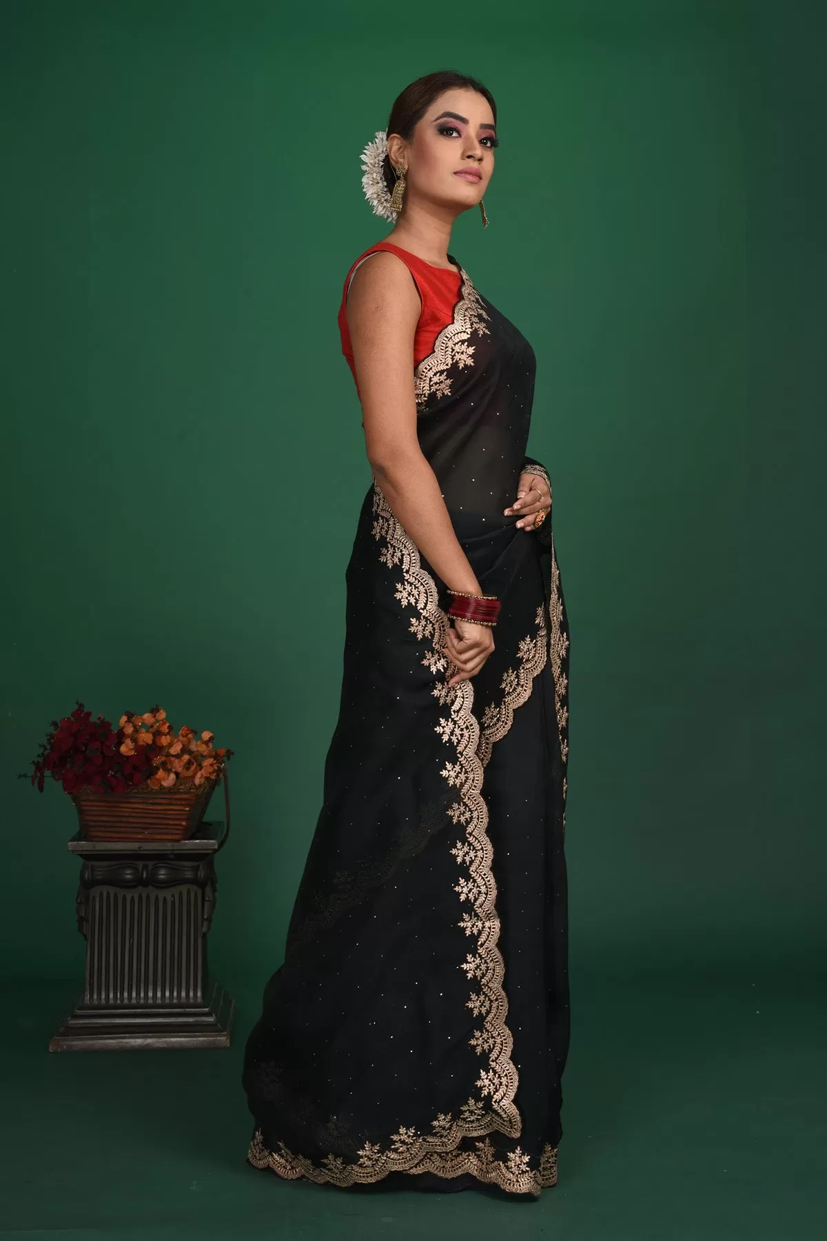 90N040 Black Designer Saree In Soft Organza With Embroidered Border and Ready Blouse