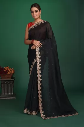 90N040 Black Designer Saree In Soft Organza With Embroidered Border and Ready Blouse