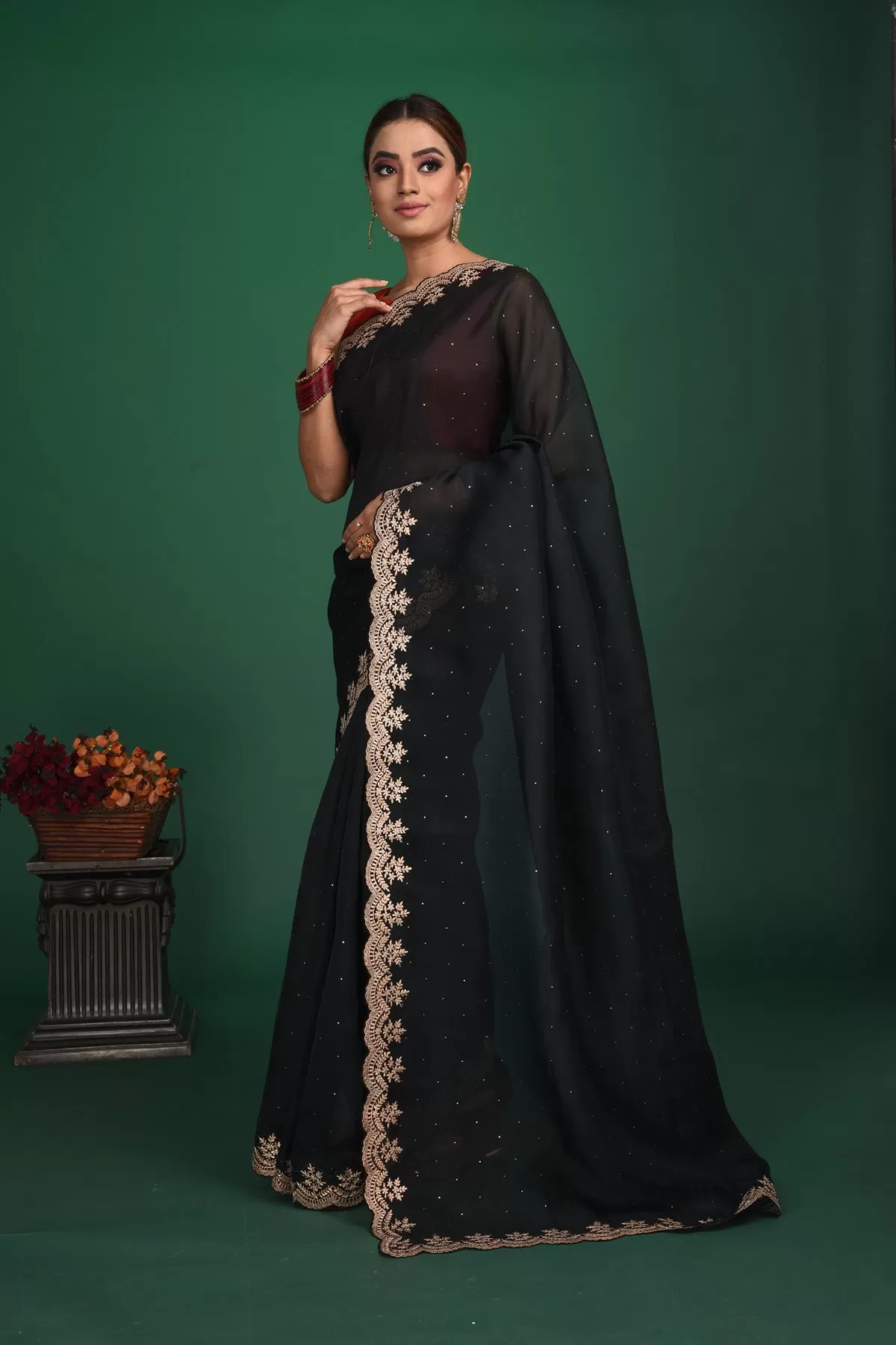 90N040 Black Designer Saree In Soft Organza With Embroidered Border and Ready Blouse