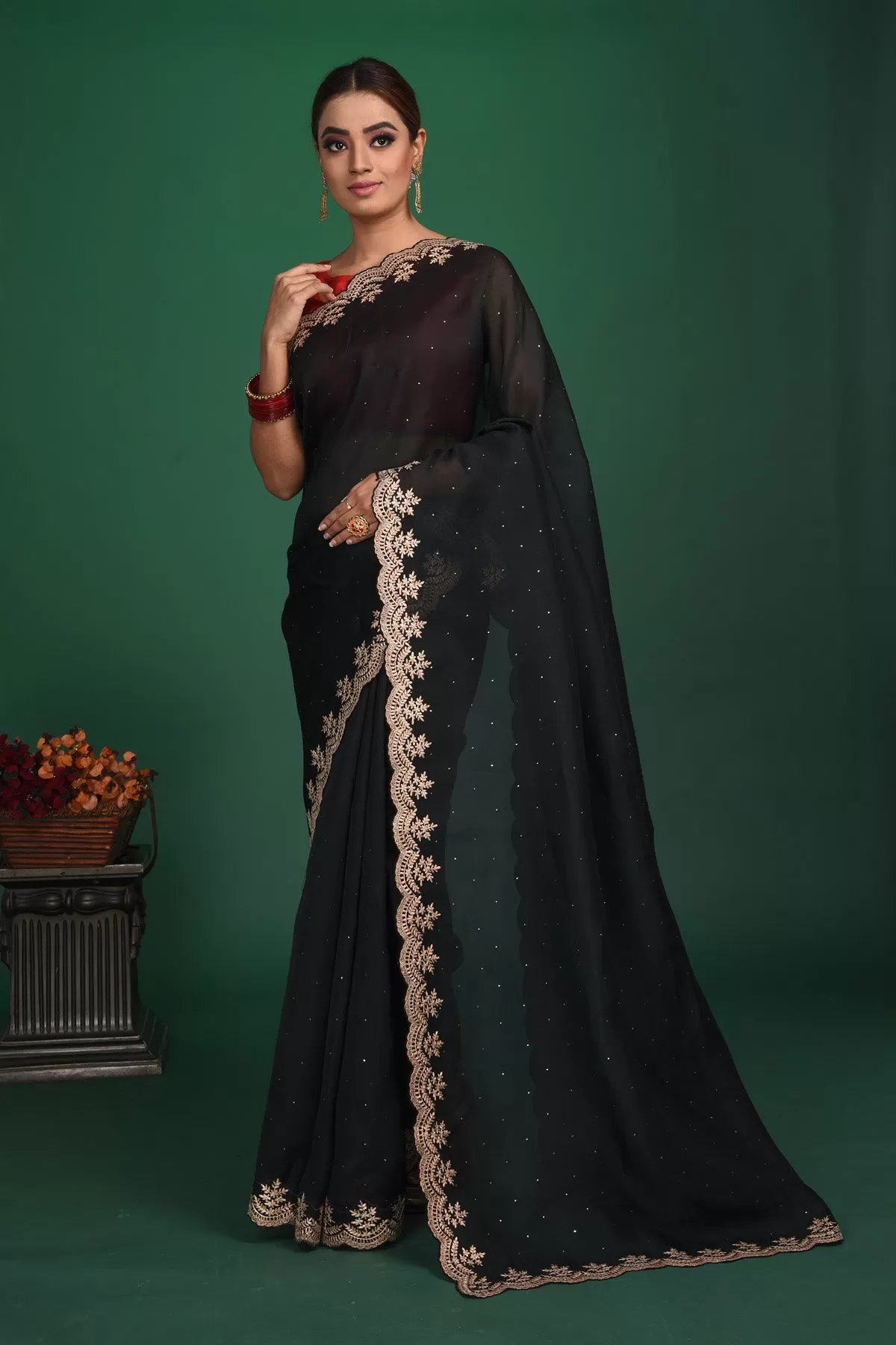 90N040 Black Designer Saree In Soft Organza With Embroidered Border and Ready Blouse