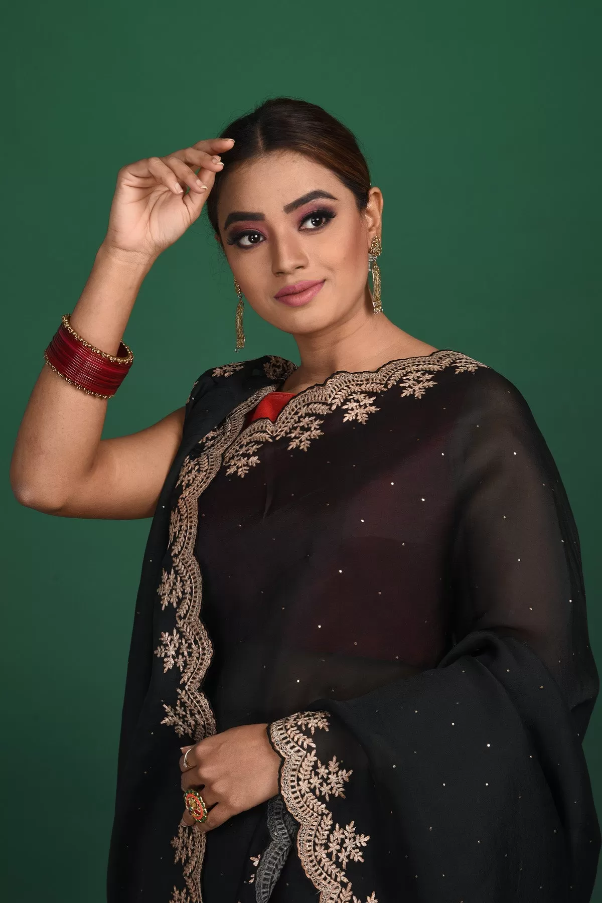 90N040 Black Designer Saree In Soft Organza With Embroidered Border and Ready Blouse