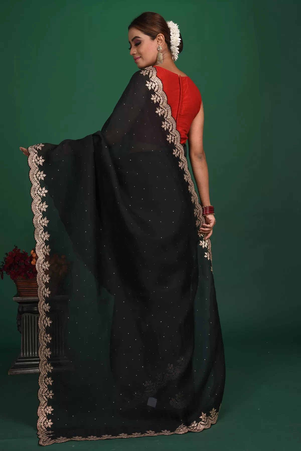 90N040 Black Designer Saree In Soft Organza With Embroidered Border and Ready Blouse