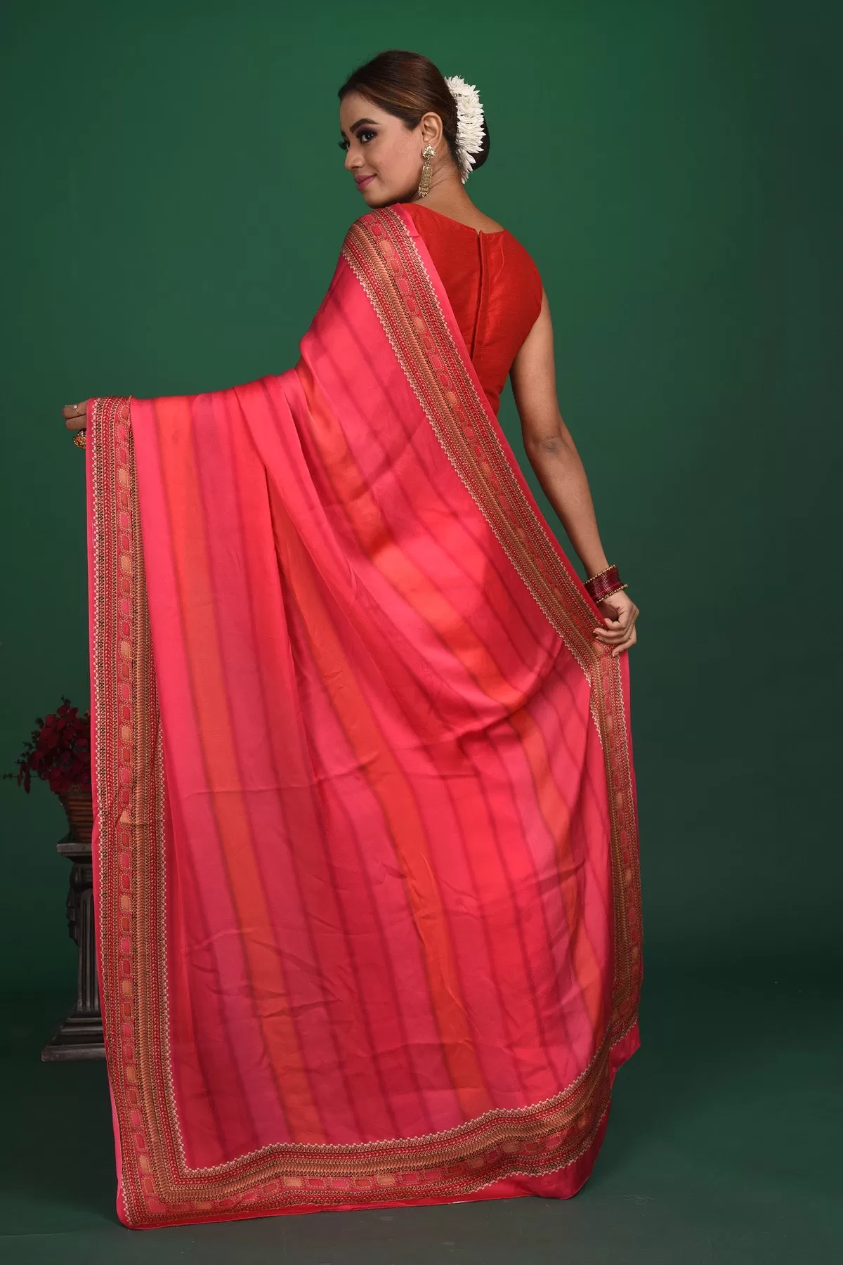 90N050 Pink Striped Printed Crepe Satin Saree