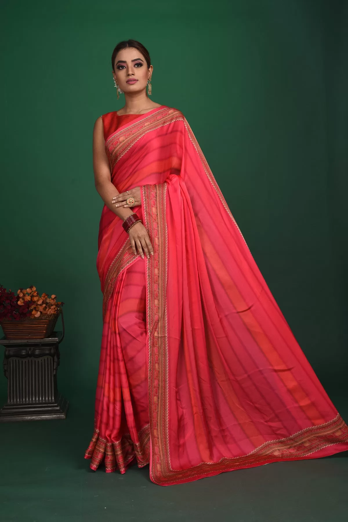 90N050 Pink Striped Printed Crepe Satin Saree