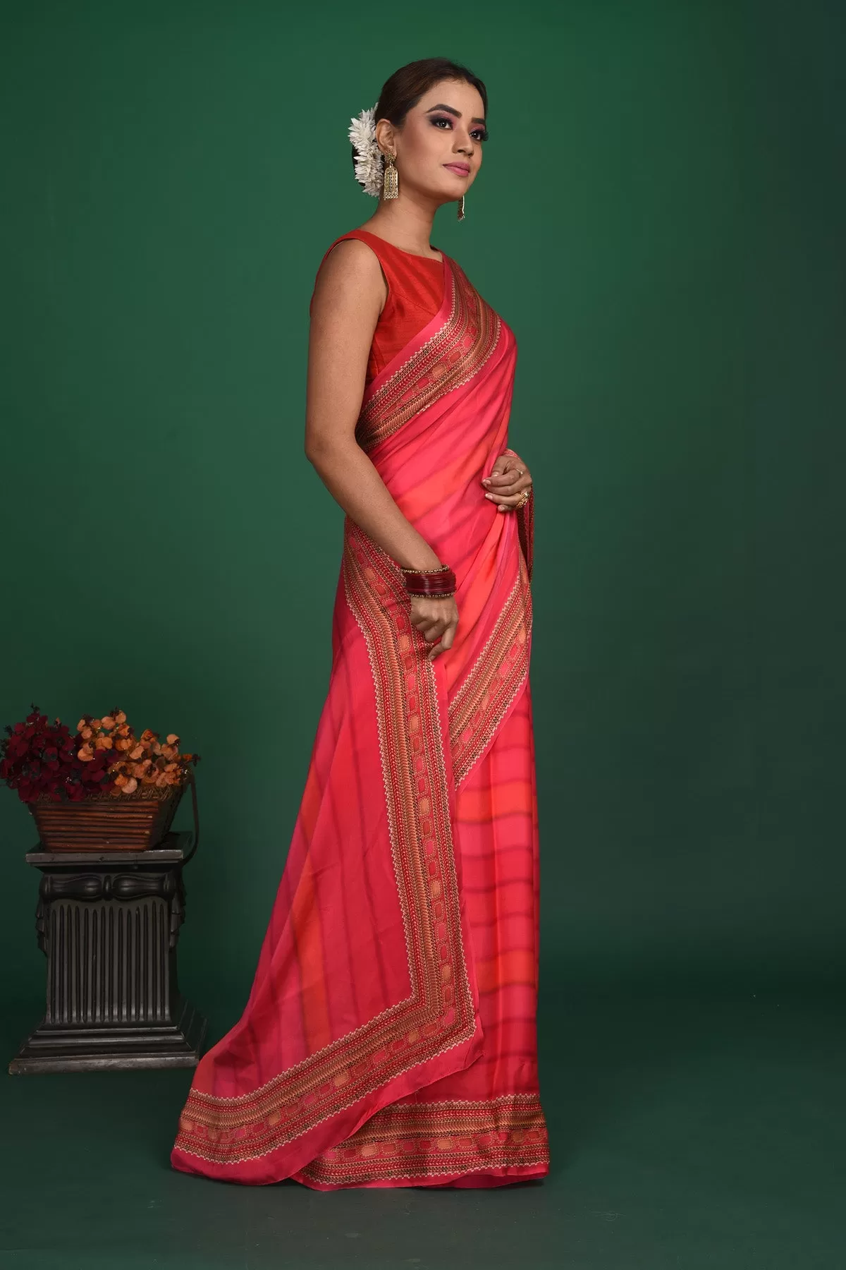 90N050 Pink Striped Printed Crepe Satin Saree