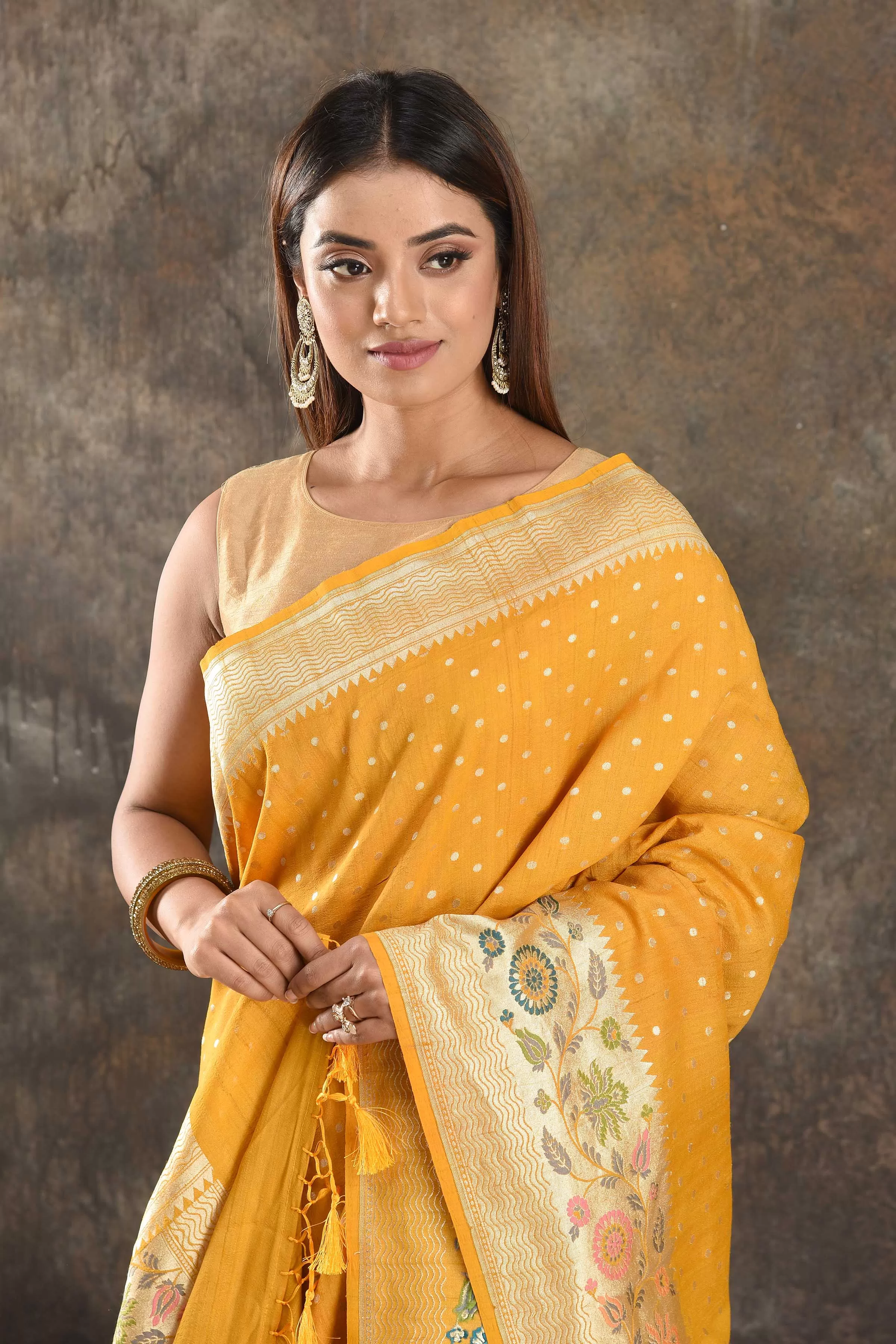 90N413-RO Mango Yellow Tussar Banarasi Saree with Floral Zari Border