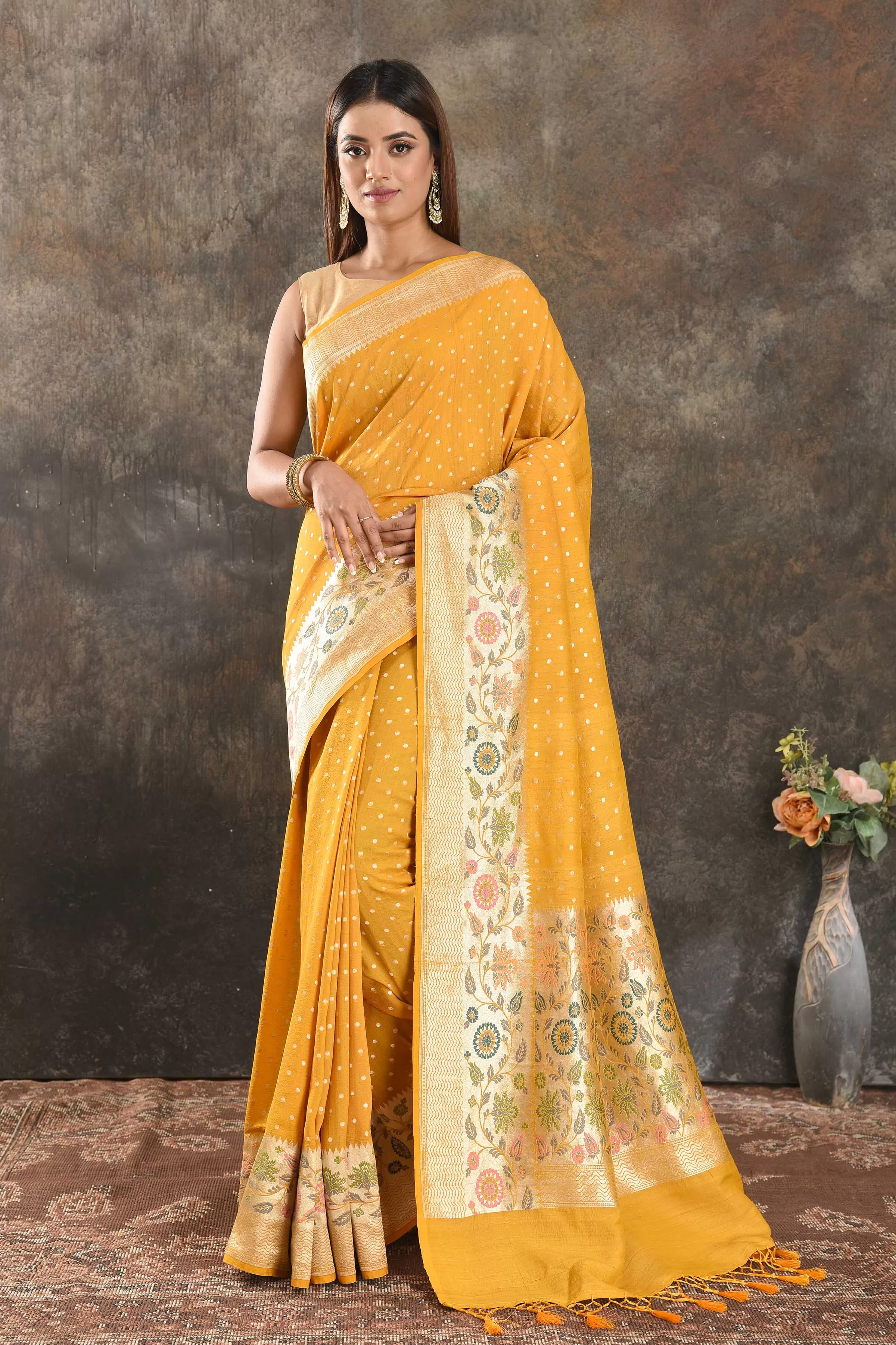 90N413-RO Mango Yellow Tussar Banarasi Saree with Floral Zari Border