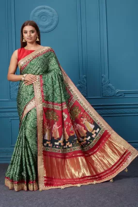 91A029 Green Bandhej Crepe Saree with Embroidered Border