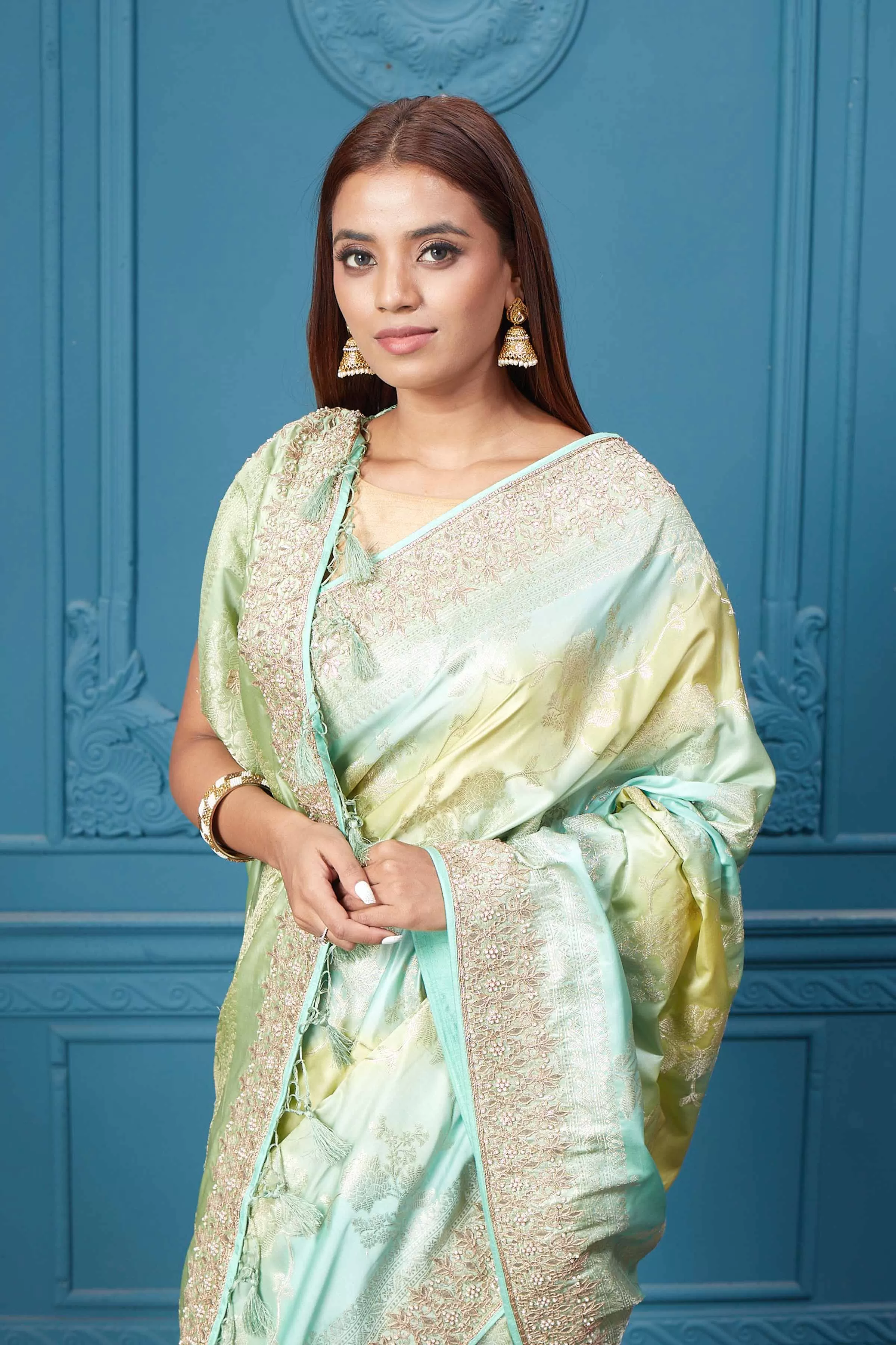 91A064 Pastel Green Mashru Banarasi Saree with Embroidery