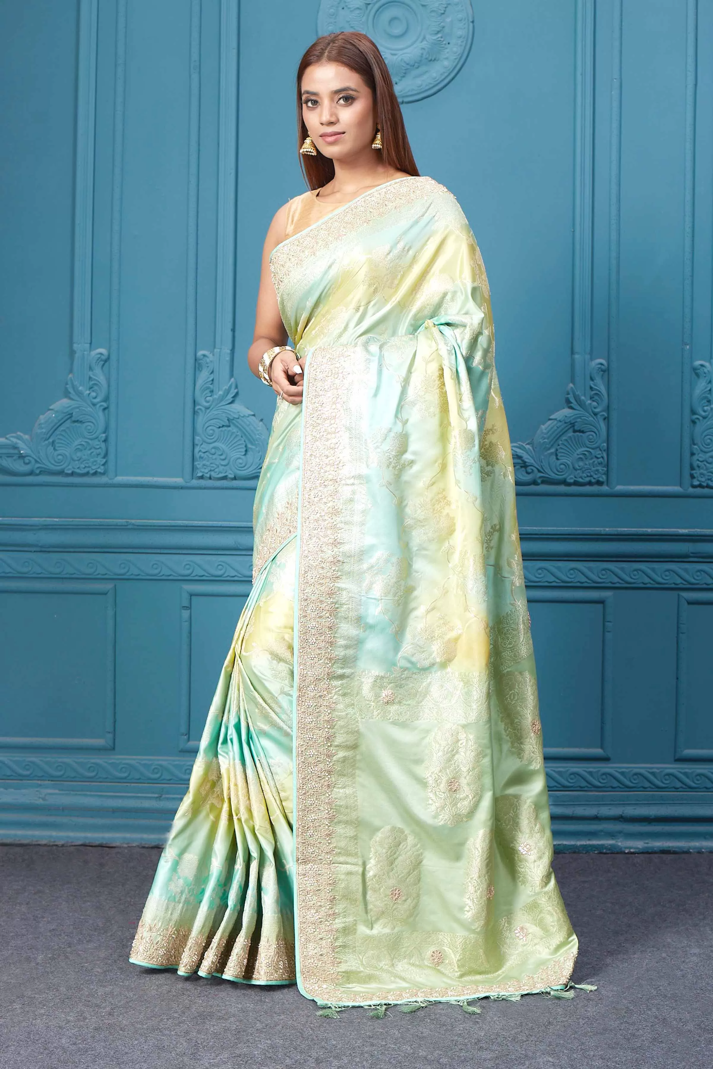 91A064 Pastel Green Mashru Banarasi Saree with Embroidery