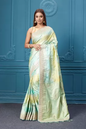 91A064 Pastel Green Mashru Banarasi Saree with Embroidery