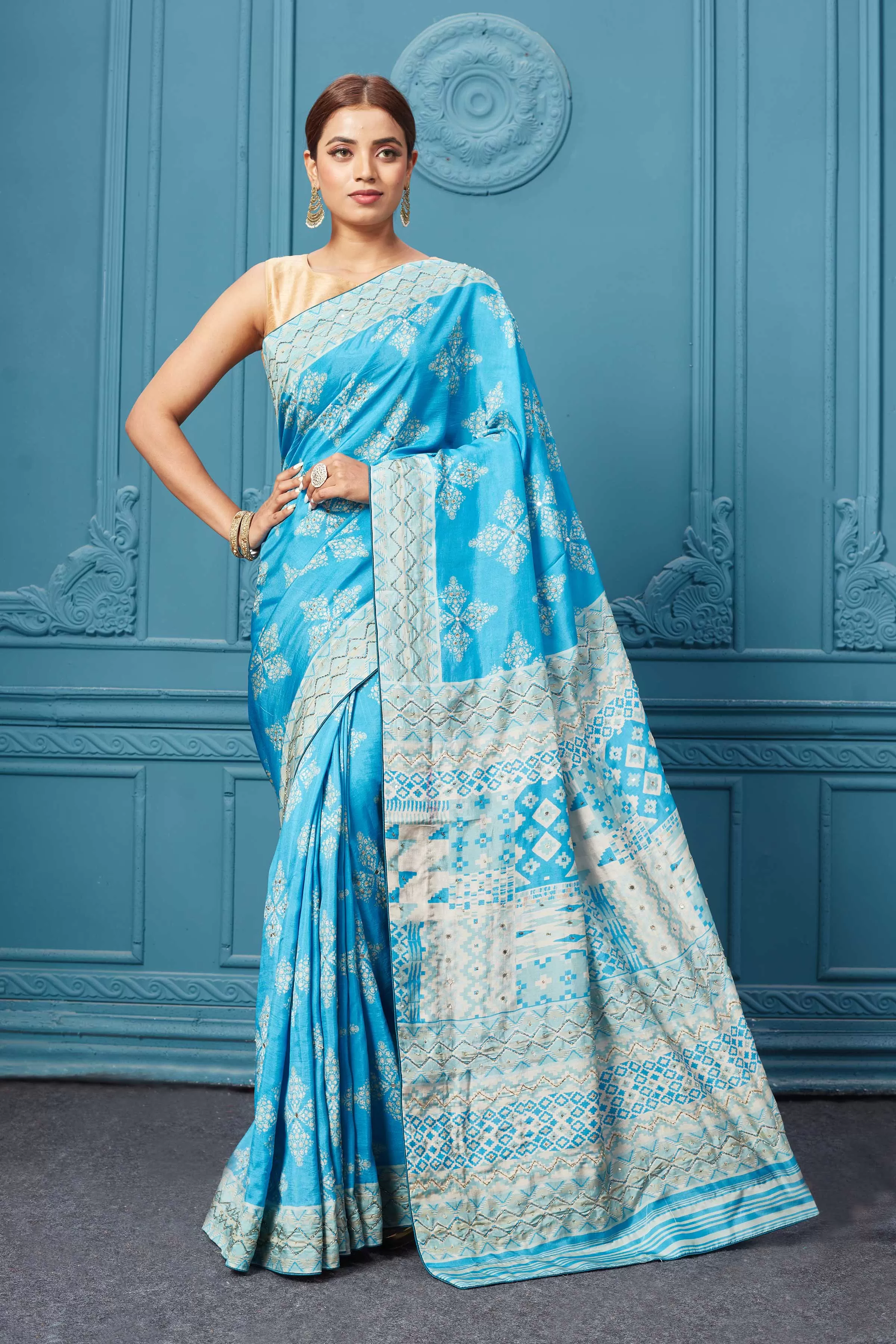 91A099 Sky Blue Embroidered Saree Set