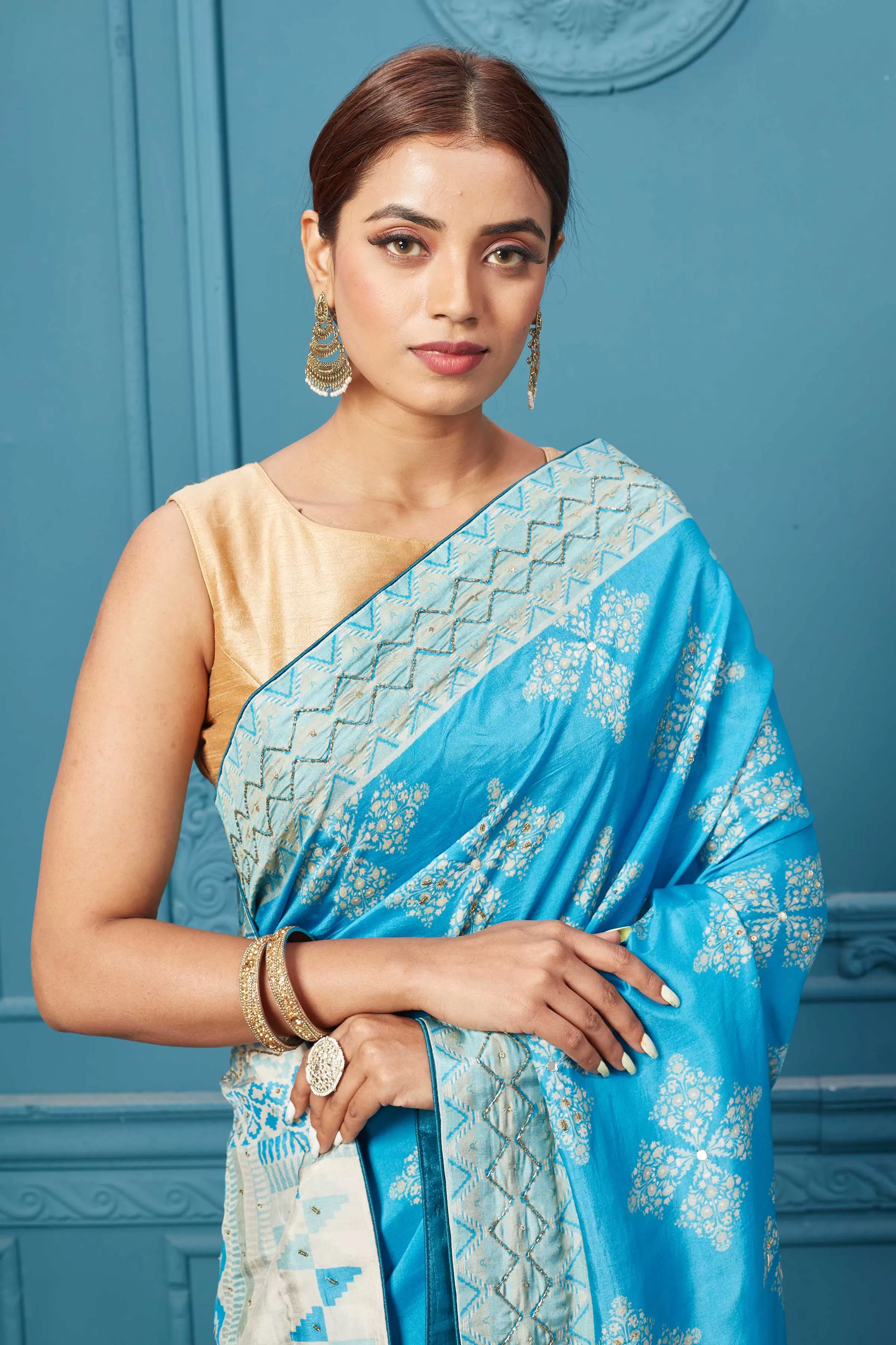 91A099 Sky Blue Embroidered Saree Set