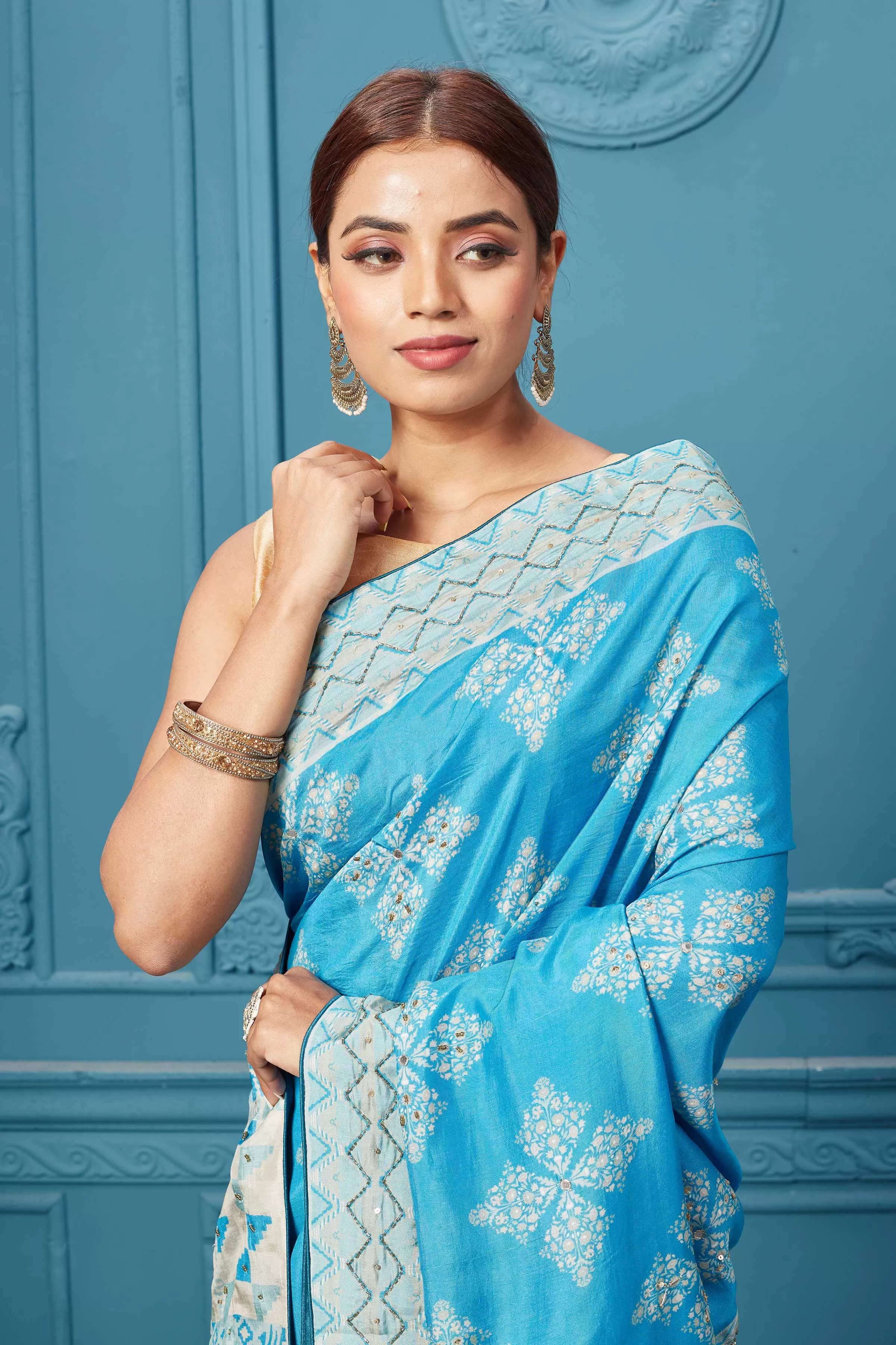 91A099 Sky Blue Embroidered Saree Set