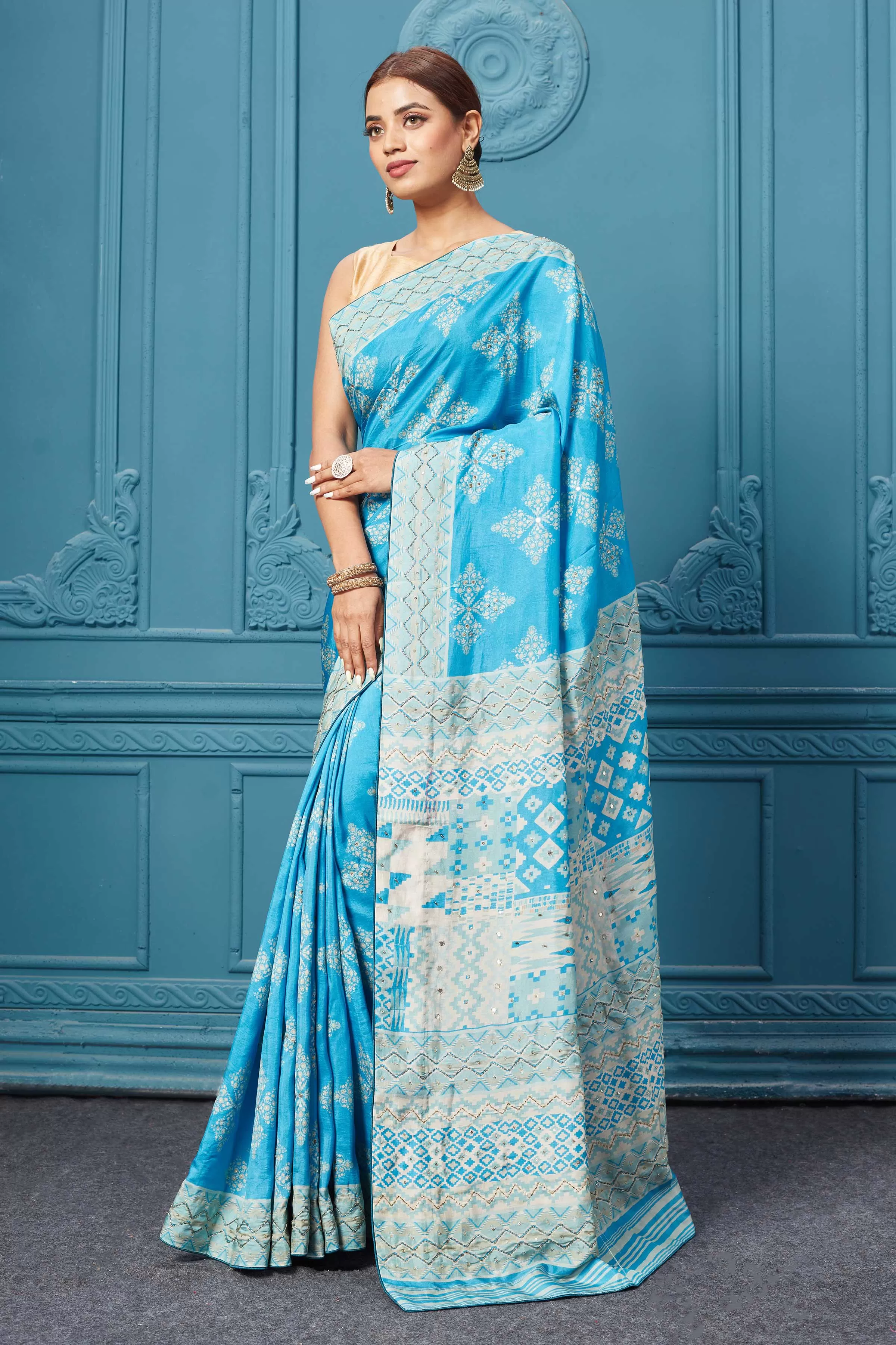 91A099 Sky Blue Embroidered Saree Set