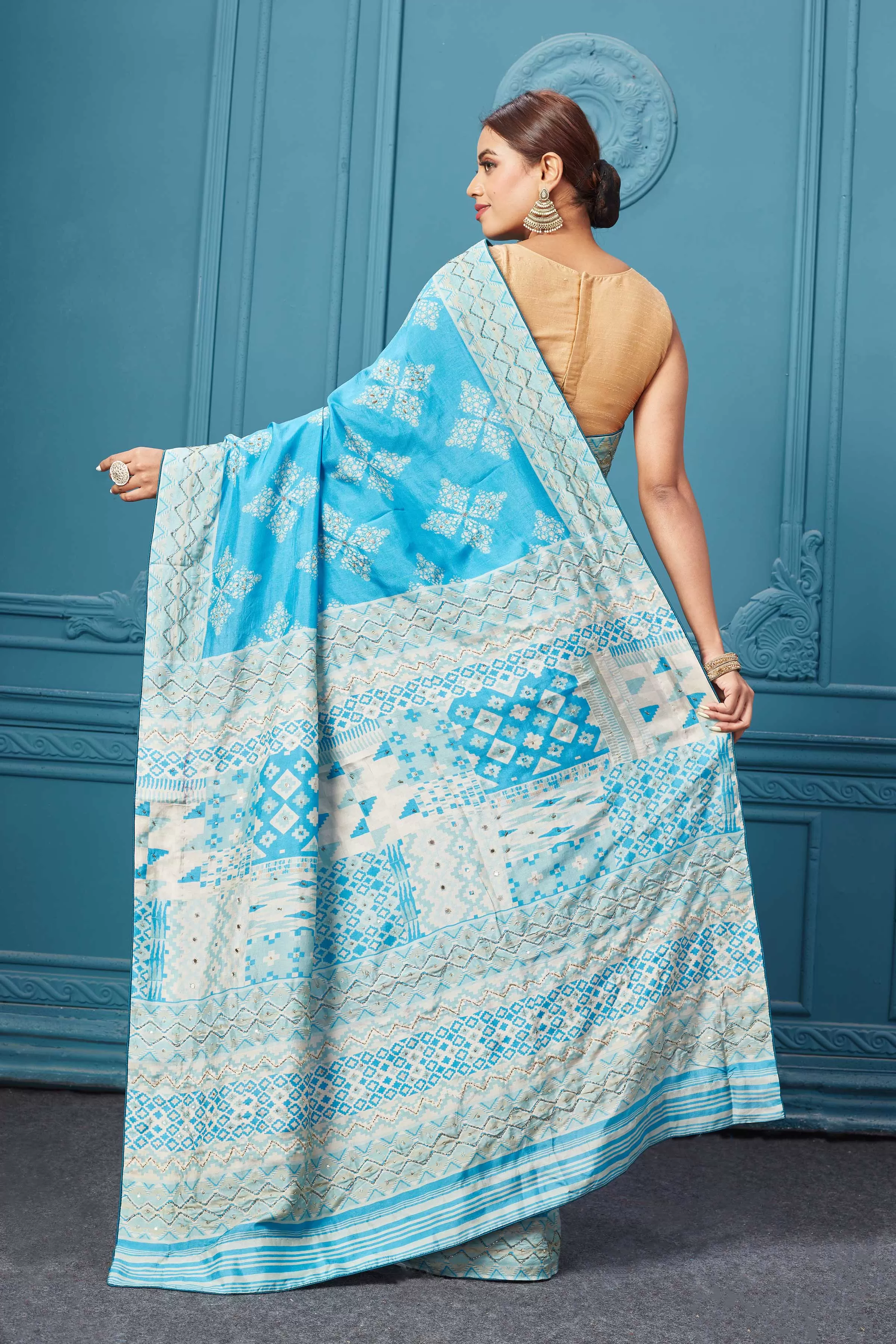 91A099 Sky Blue Embroidered Saree Set