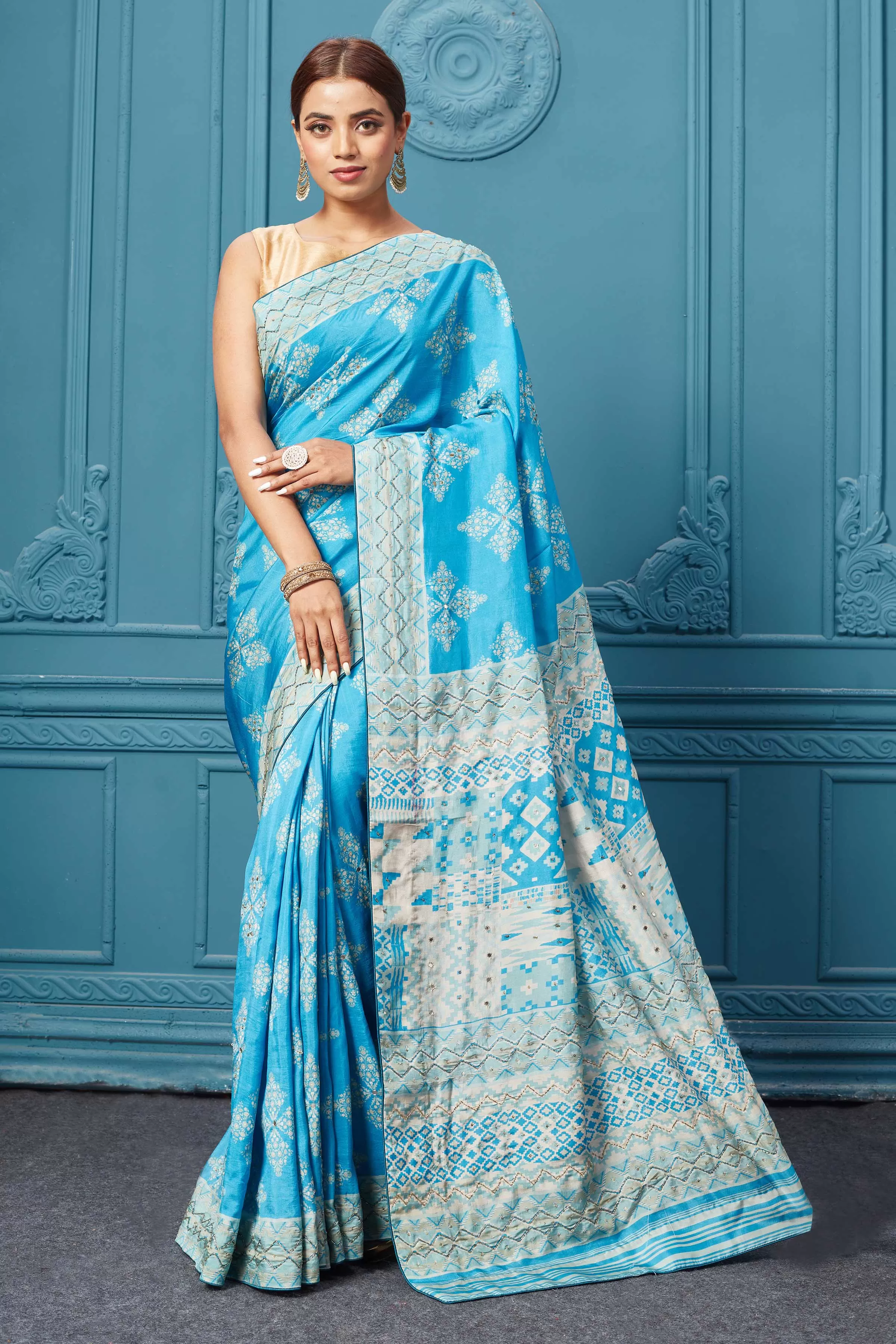 91A099 Sky Blue Embroidered Saree Set