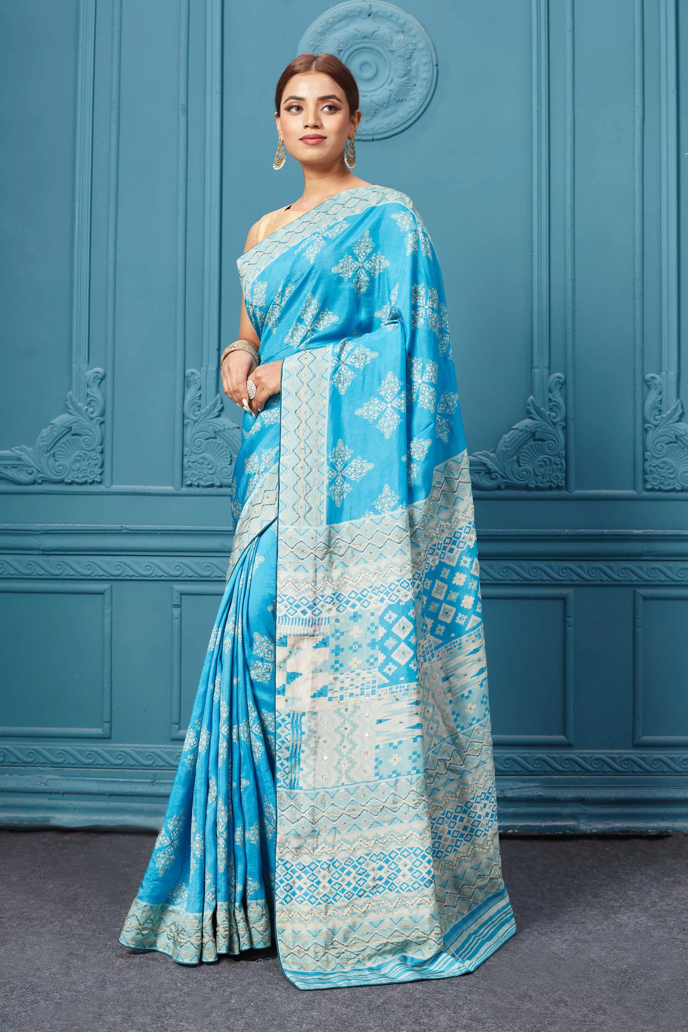 91A099 Sky Blue Embroidered Saree Set